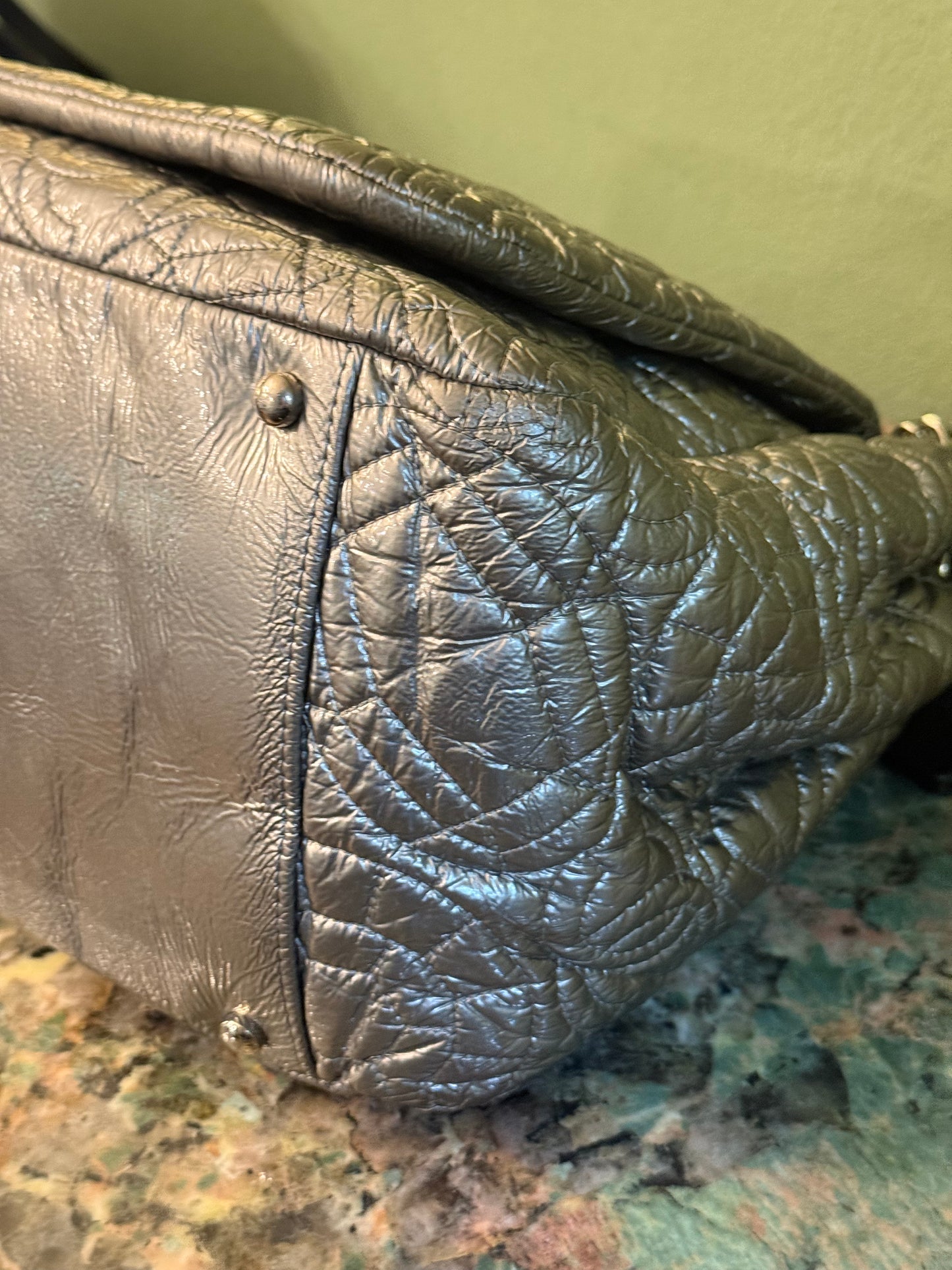 CHANEL SILVER EMOBOSSED LOGO SHOULDER BAG