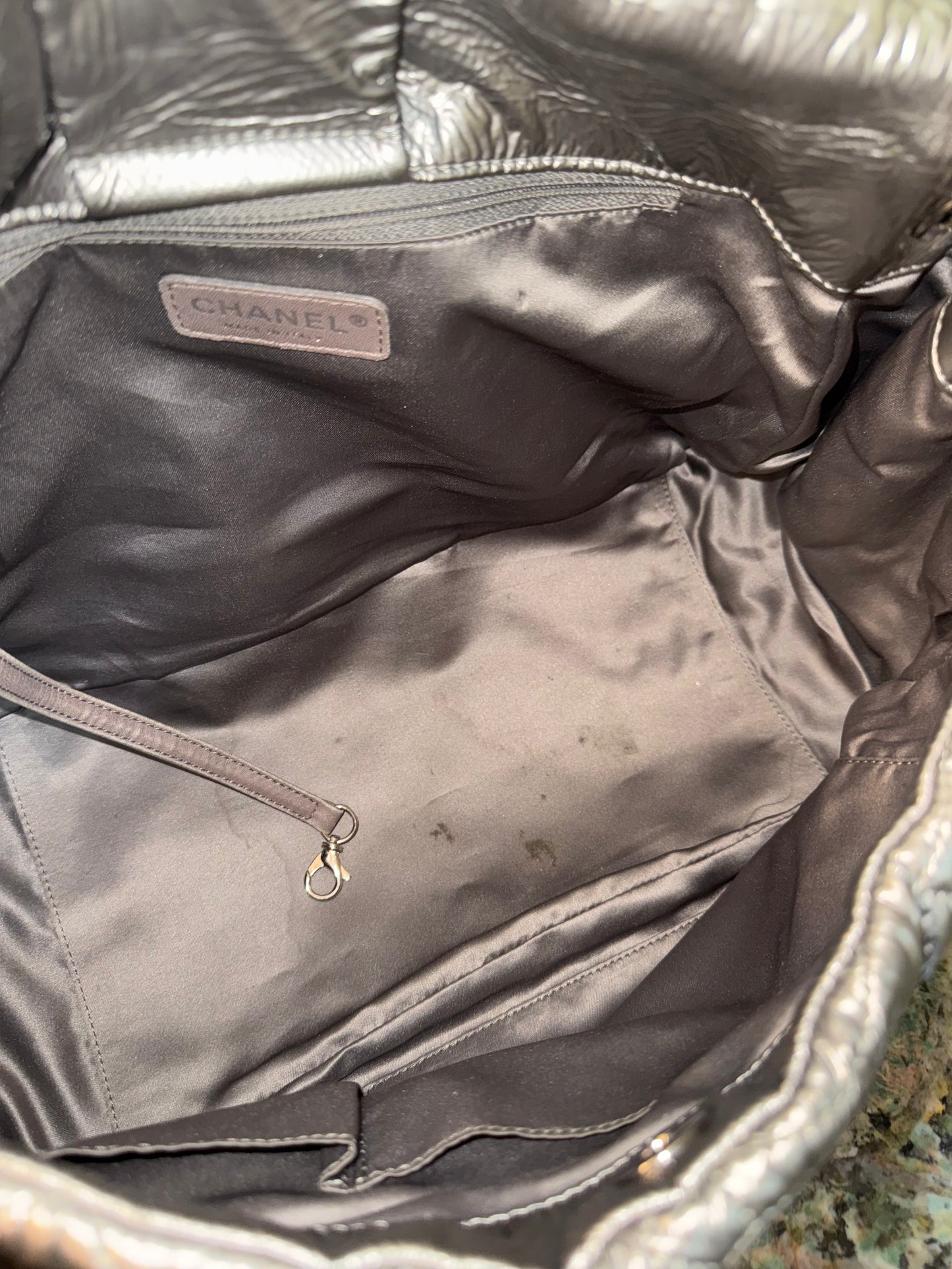 CHANEL SILVER EMOBOSSED LOGO SHOULDER BAG
