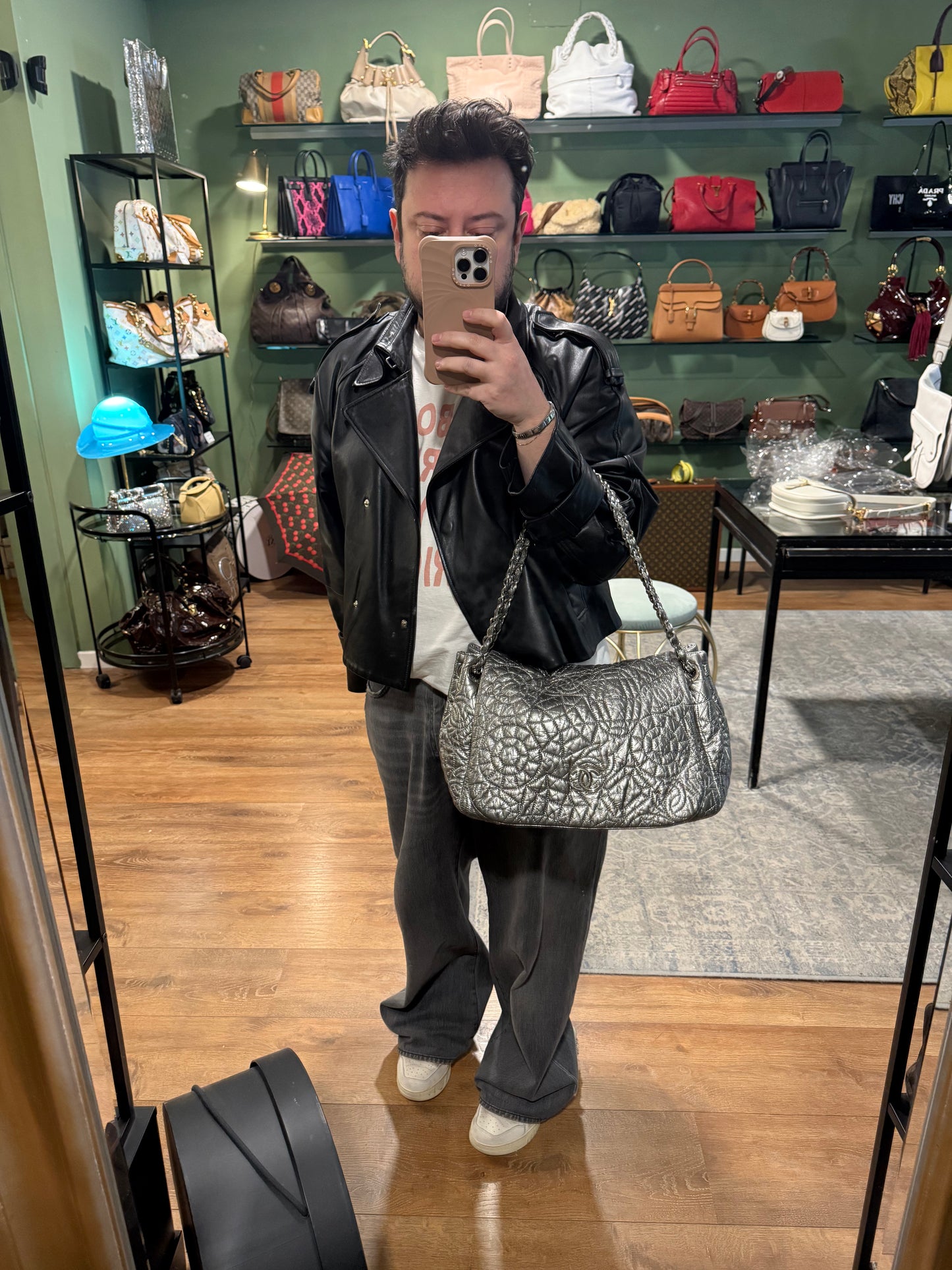 CHANEL SILVER EMOBOSSED LOGO SHOULDER BAG