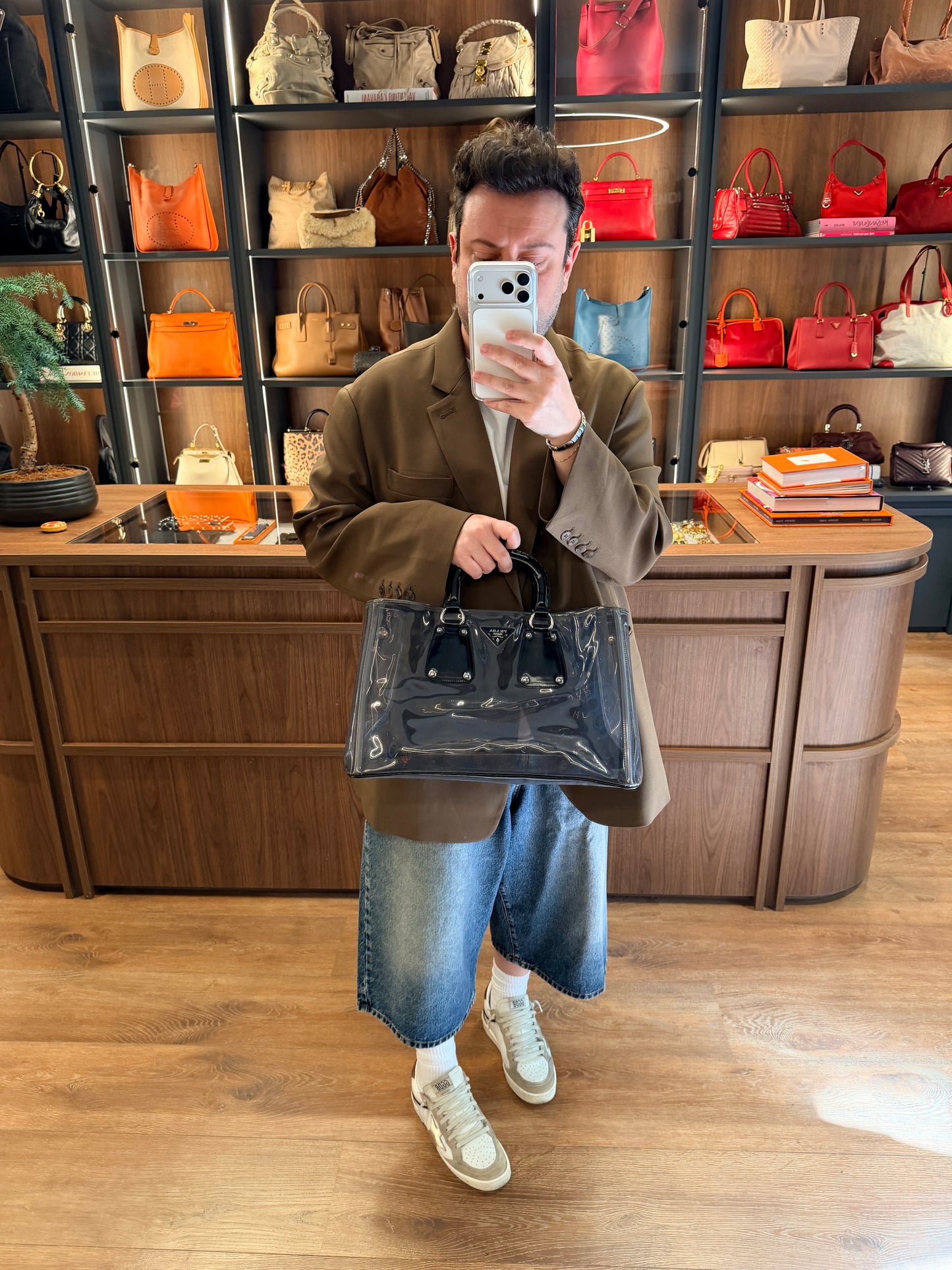 PRADA BLACK SPAZZOLATO TRIMMED PVC TOTE BAG