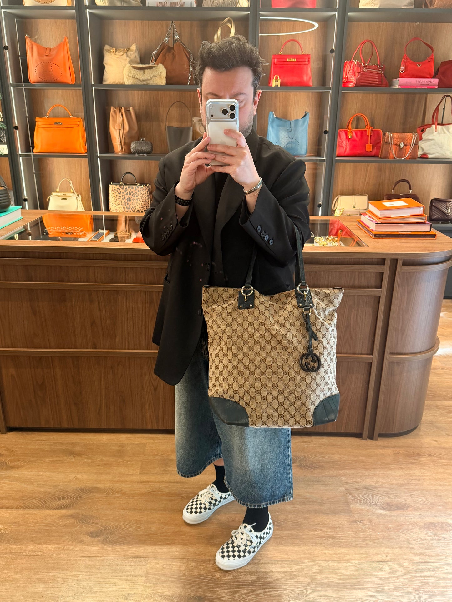 GUCCI LARGE GG CANVAS INTERLOCKING CHARM TOTE