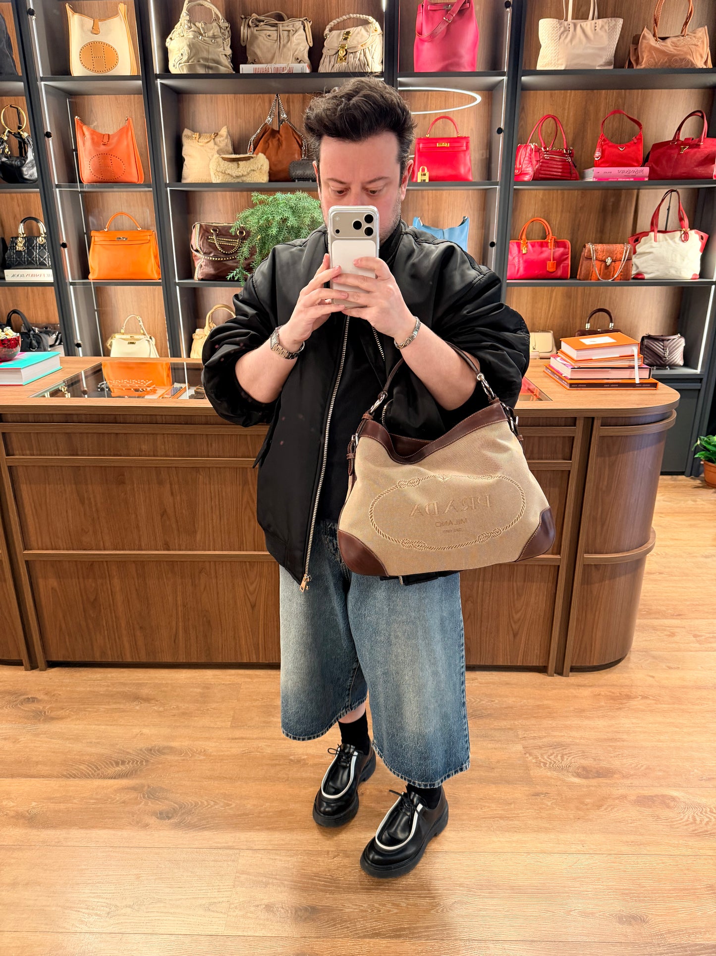 PRADA BROWN MAXI LOGO HOBO BAG