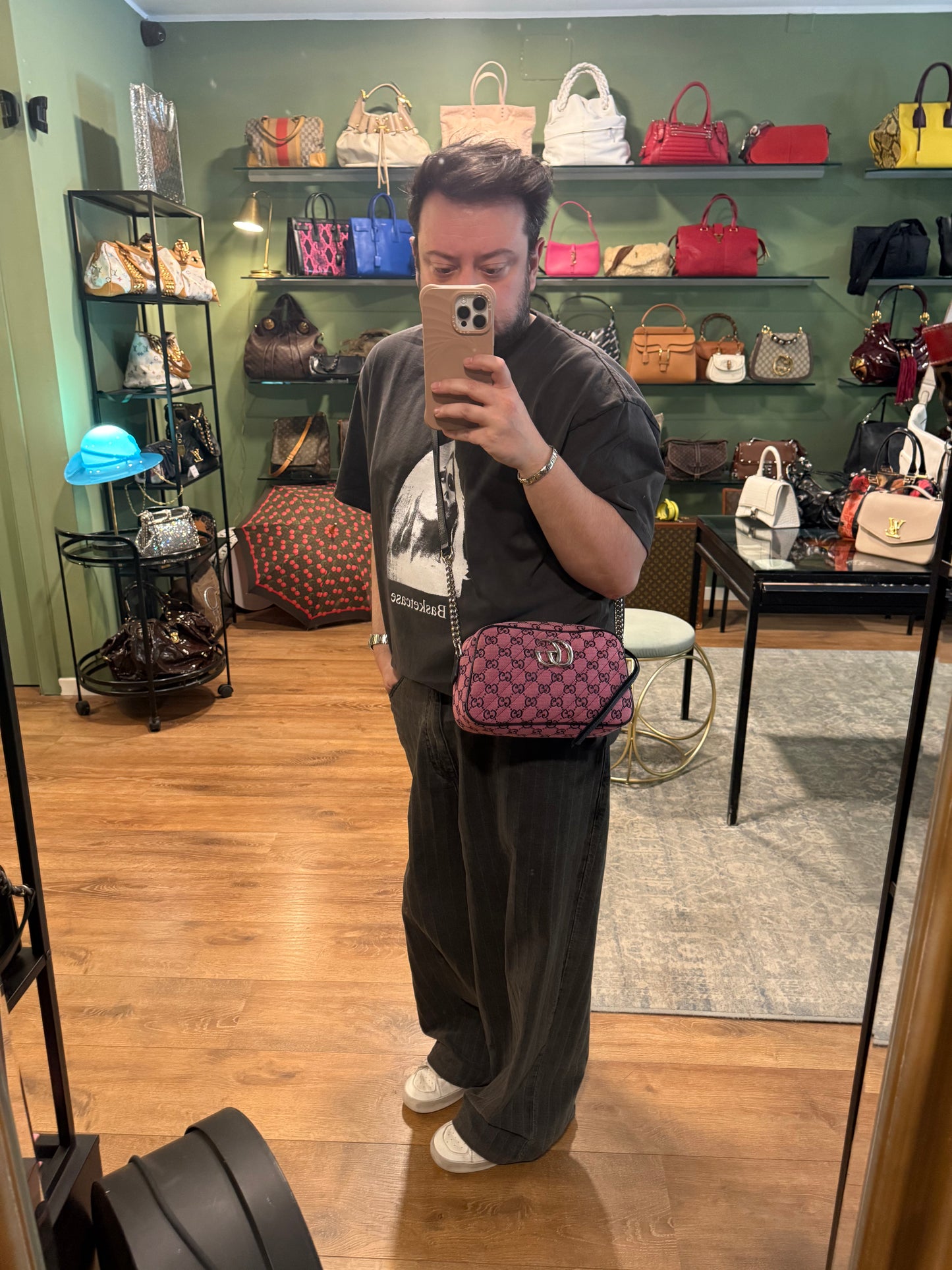GUCCI PINK MONOGRAM MARMONT CAMERA BAG