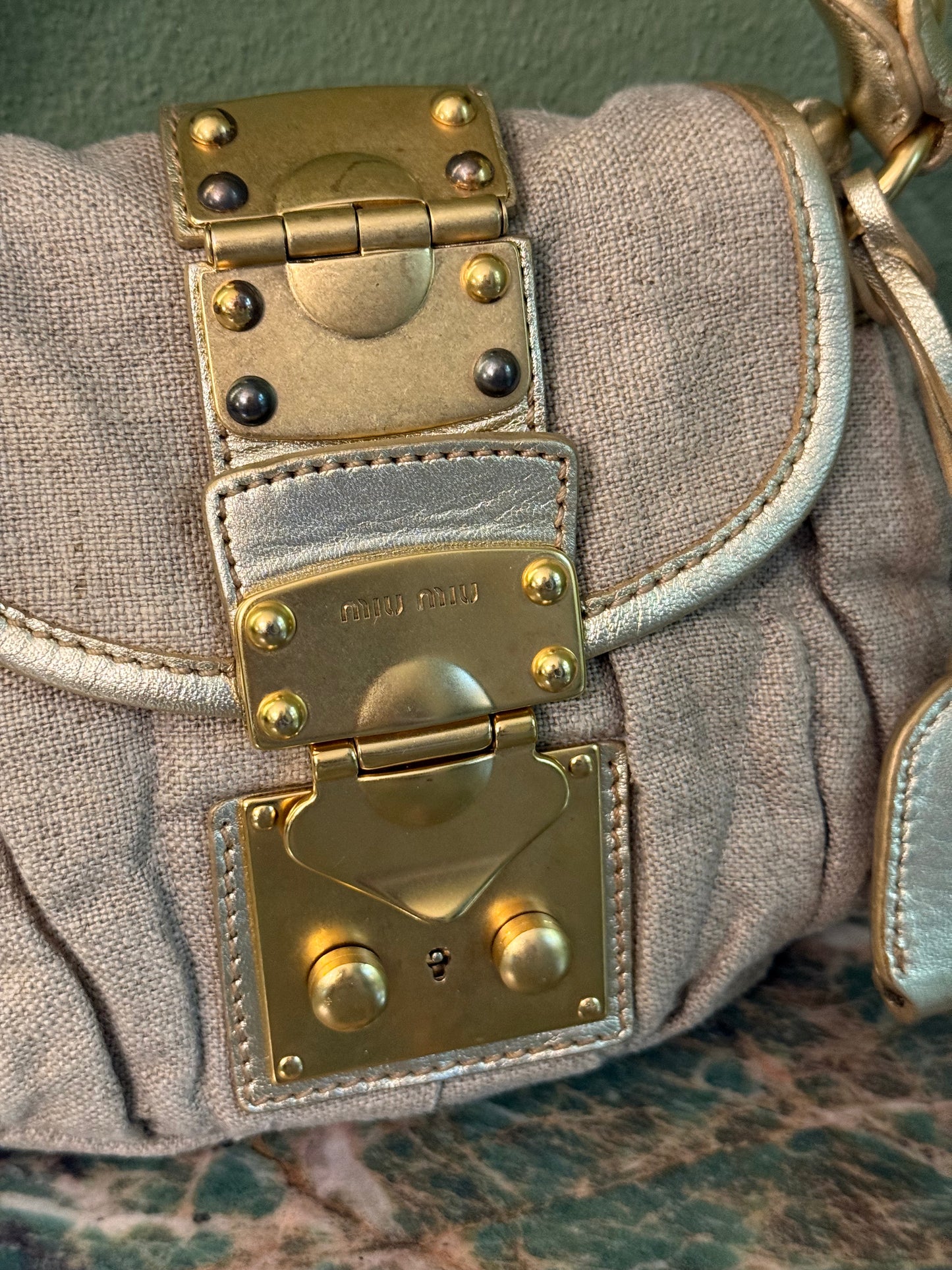 MIU MIU BEIGE LINEN MINI COFFER HANDBAG