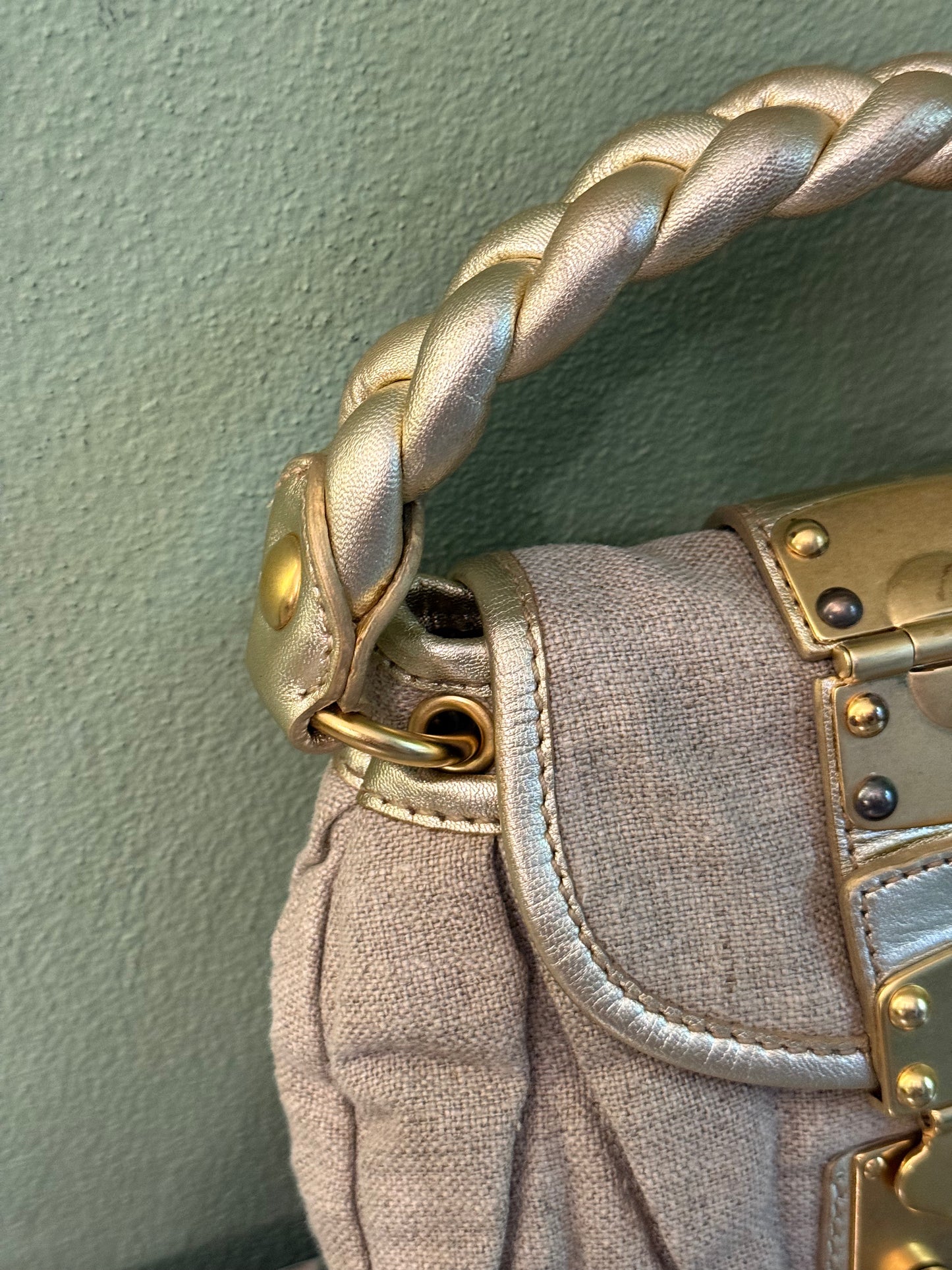 MIU MIU BEIGE LINEN MINI COFFER HANDBAG