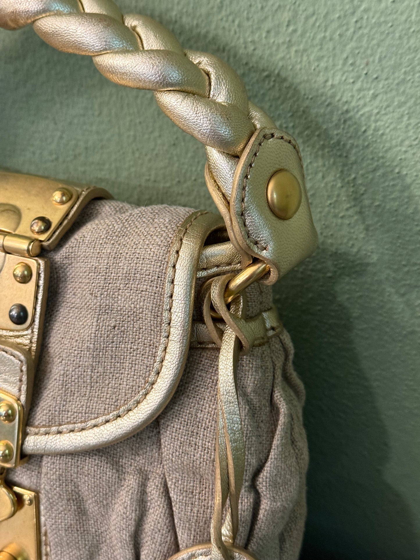 MIU MIU BEIGE LINEN MINI COFFER HANDBAG