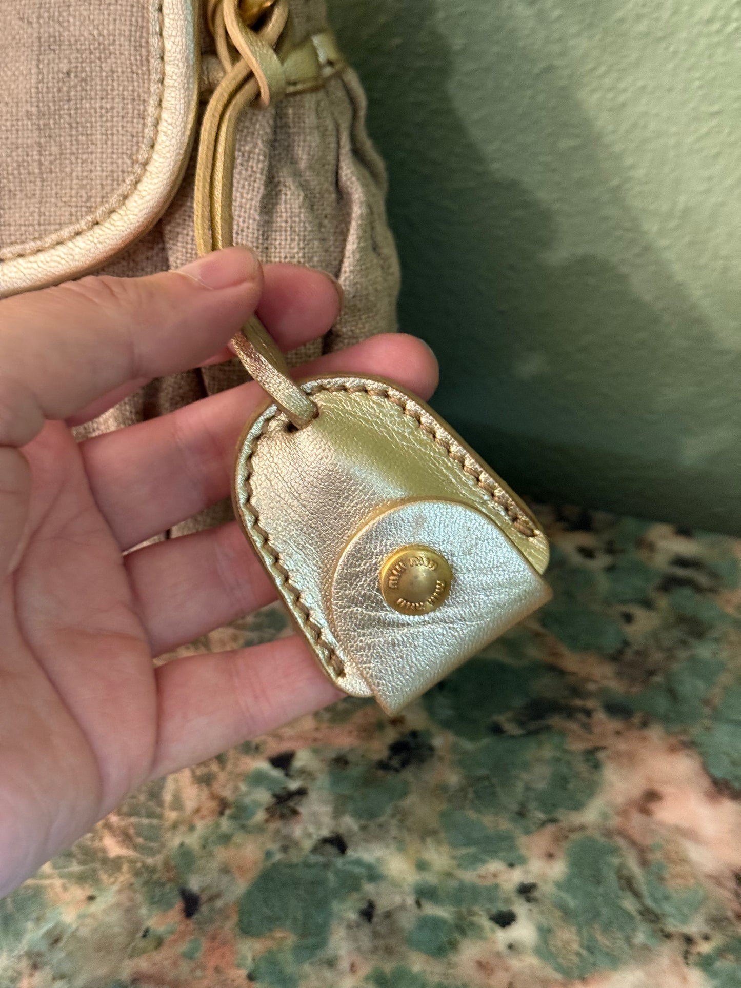 MIU MIU BEIGE LINEN MINI COFFER HANDBAG