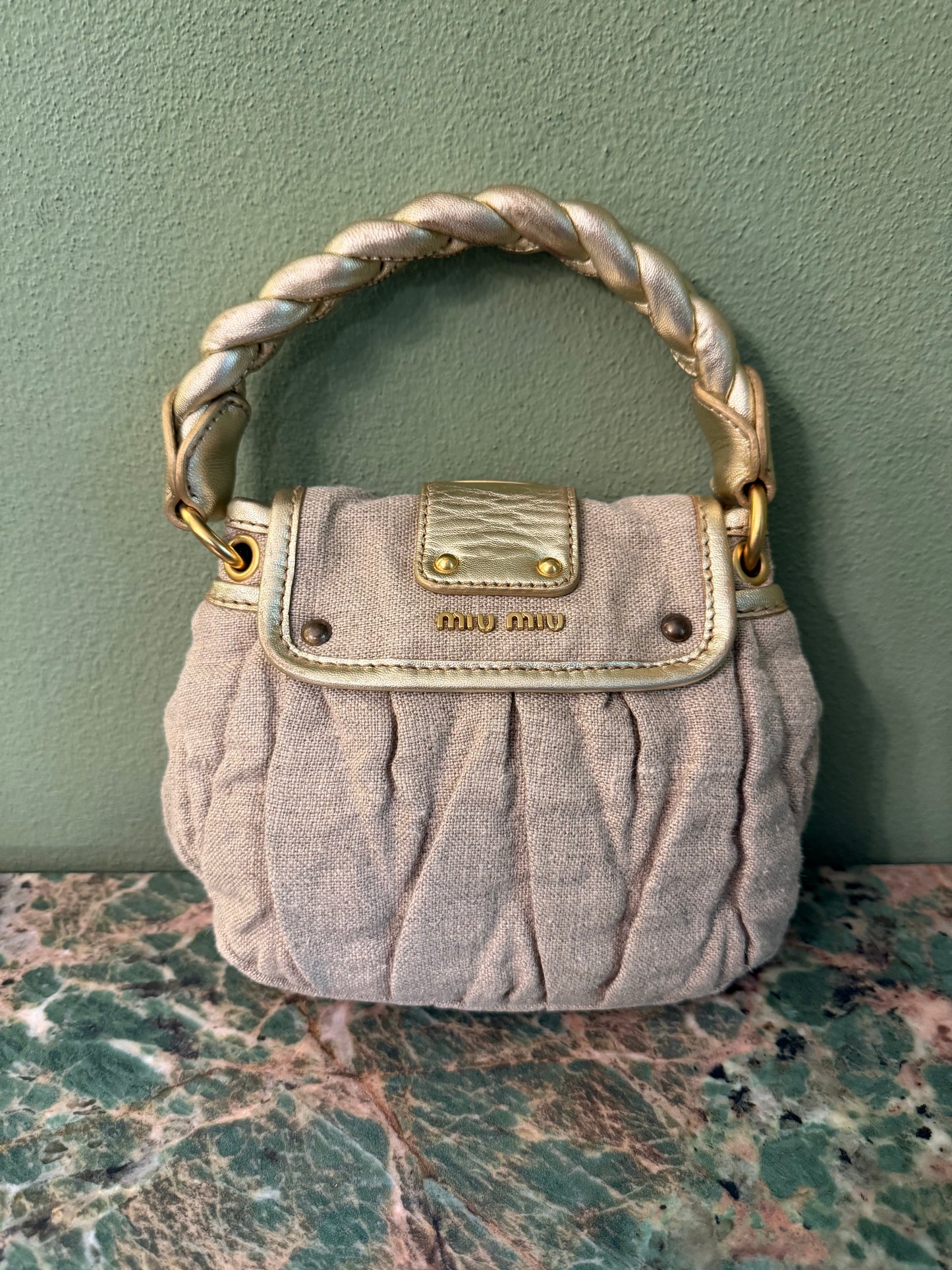 MIU MIU BEIGE LINEN MINI COFFER HANDBAG