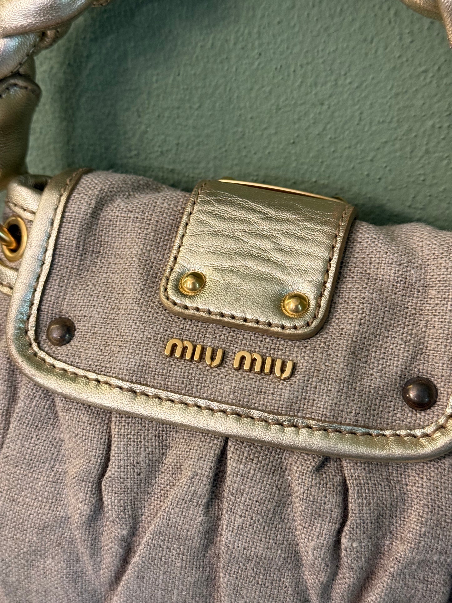 MIU MIU BEIGE LINEN MINI COFFER HANDBAG