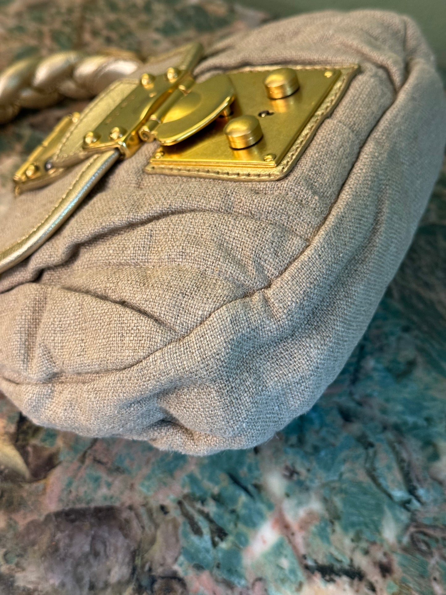 MIU MIU BEIGE LINEN MINI COFFER HANDBAG