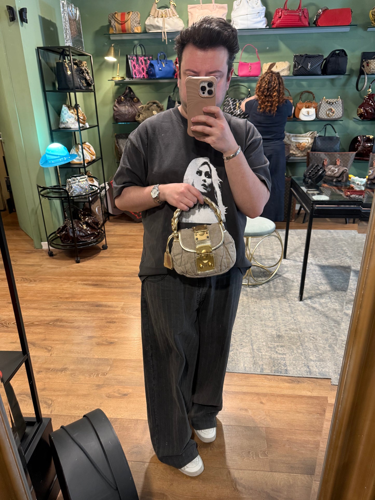 MIU MIU BEIGE LINEN MINI COFFER HANDBAG
