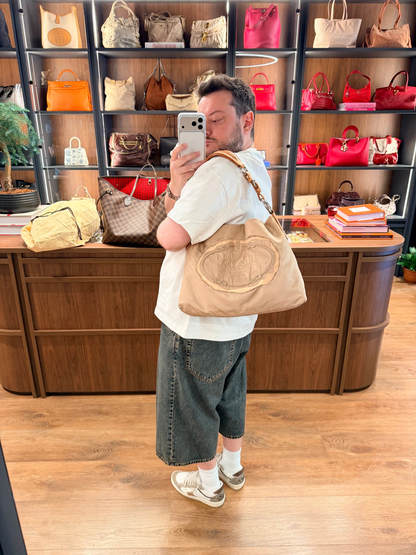 PRADA BEIGE NYLON MAXI LOGO SHOULDER BAG
