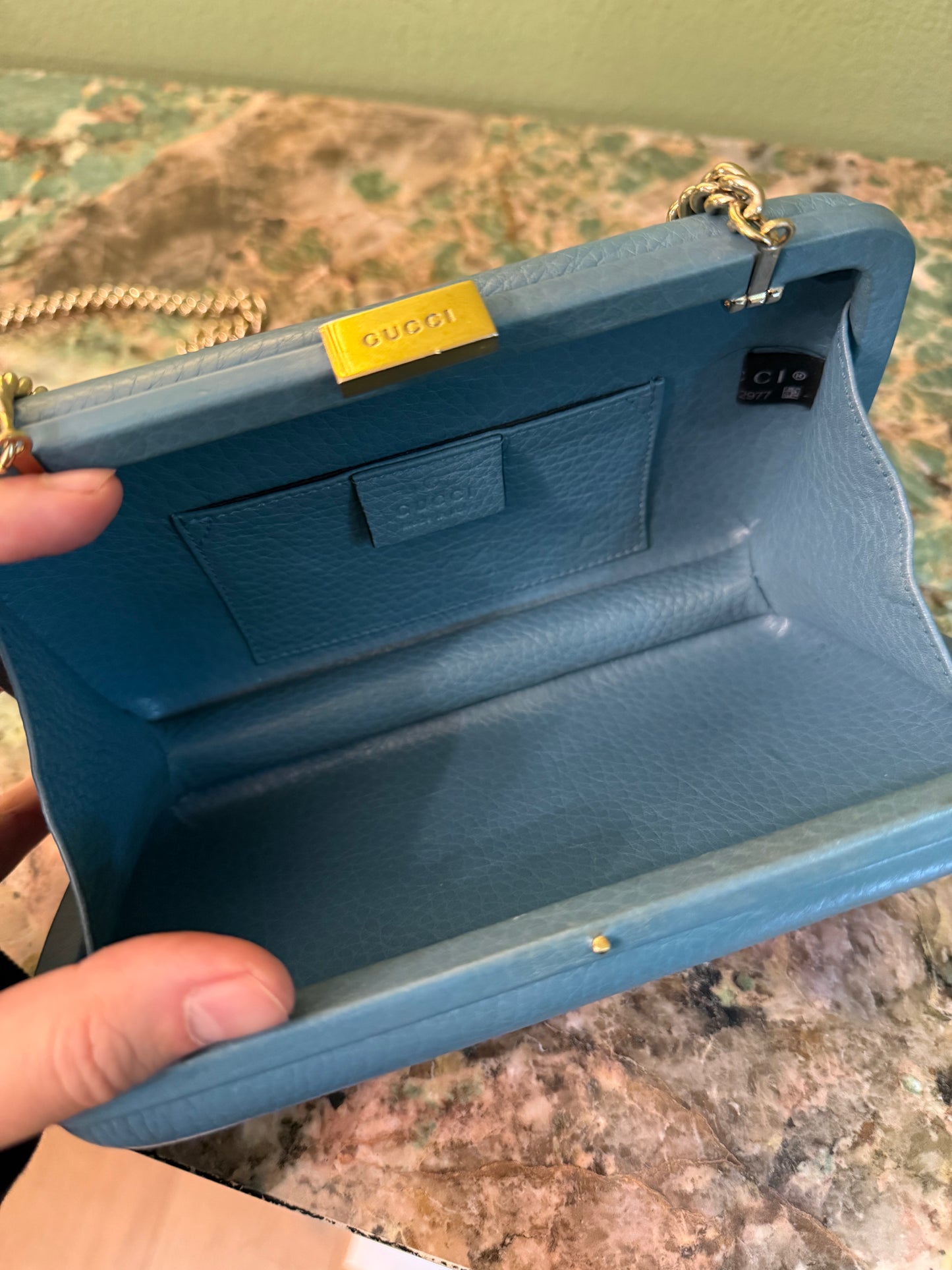 GUCCI BLUE SOHO CHAIN CLUTCH