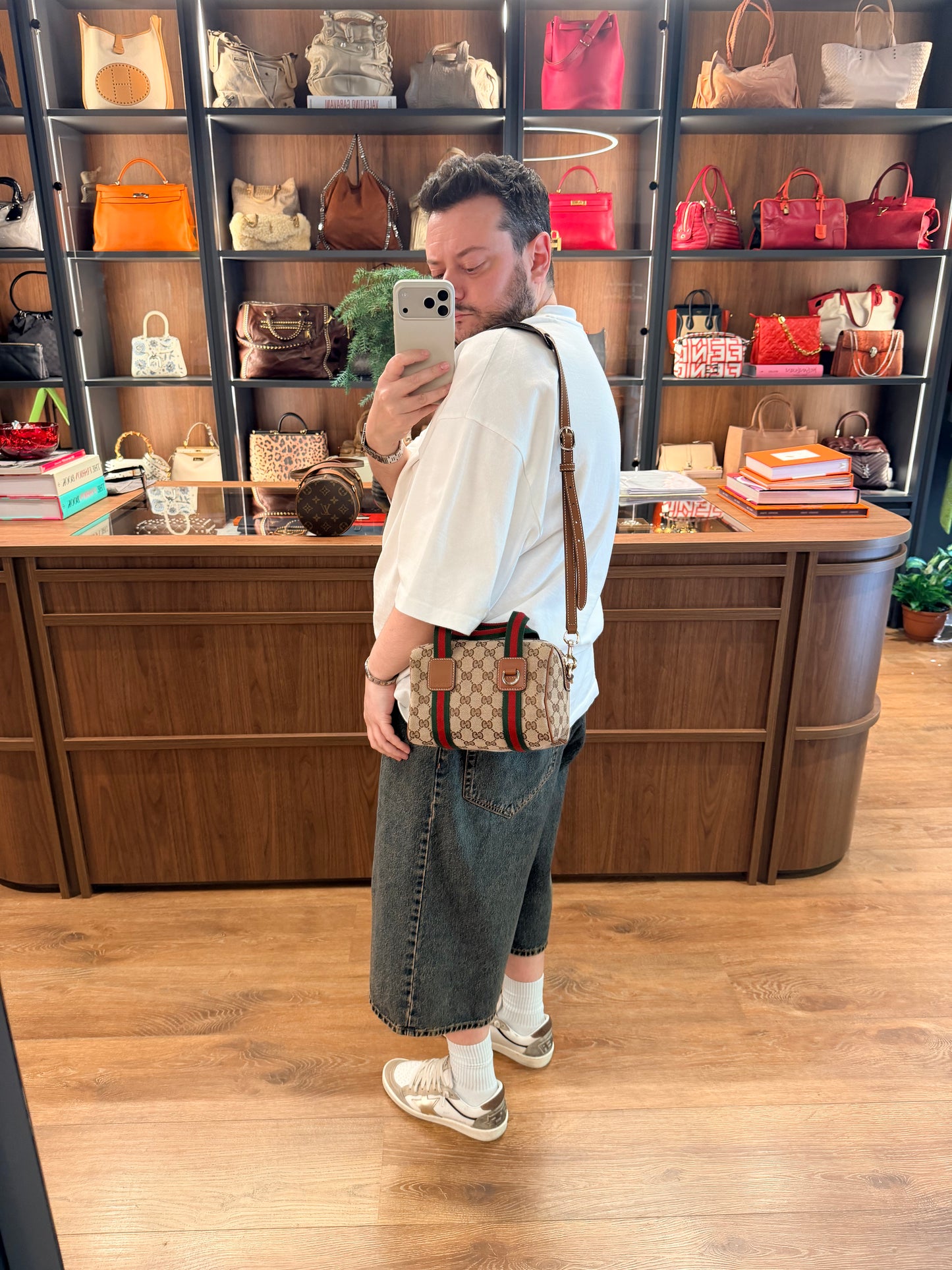 GUCCI TAN GG CANVAS SMALL BOSTON BAG