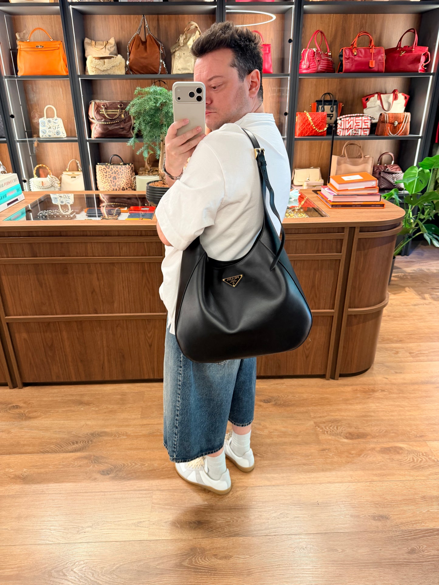 PRADA BLACK CITY CALF LARGE HOBO BAG