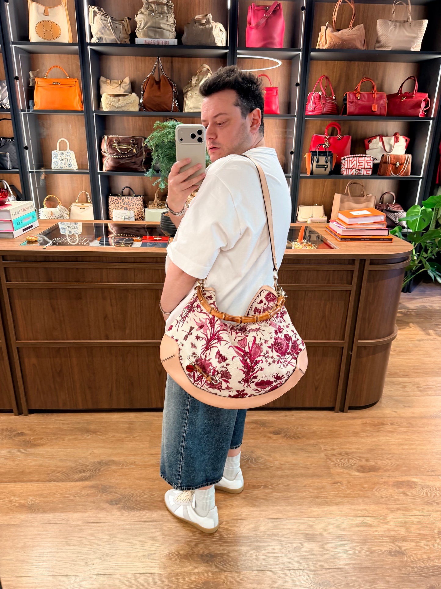GUCCI BY FRIDA GIANNINI PINK FLORA PEGGY BAMBOO HOBO BAG
