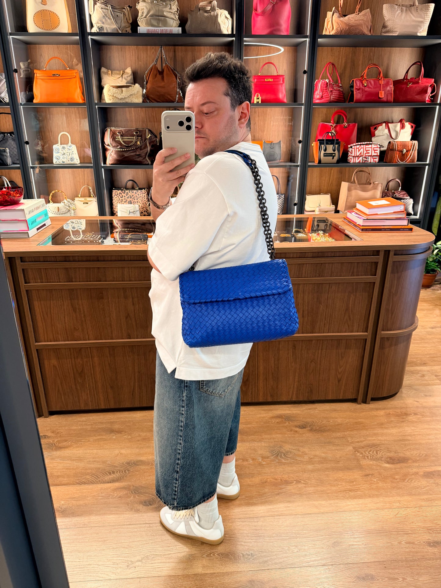 BOTTEGA VENETA ELECTRIC BLUE MEDIUM OLIMPIA SHOULDER BAG