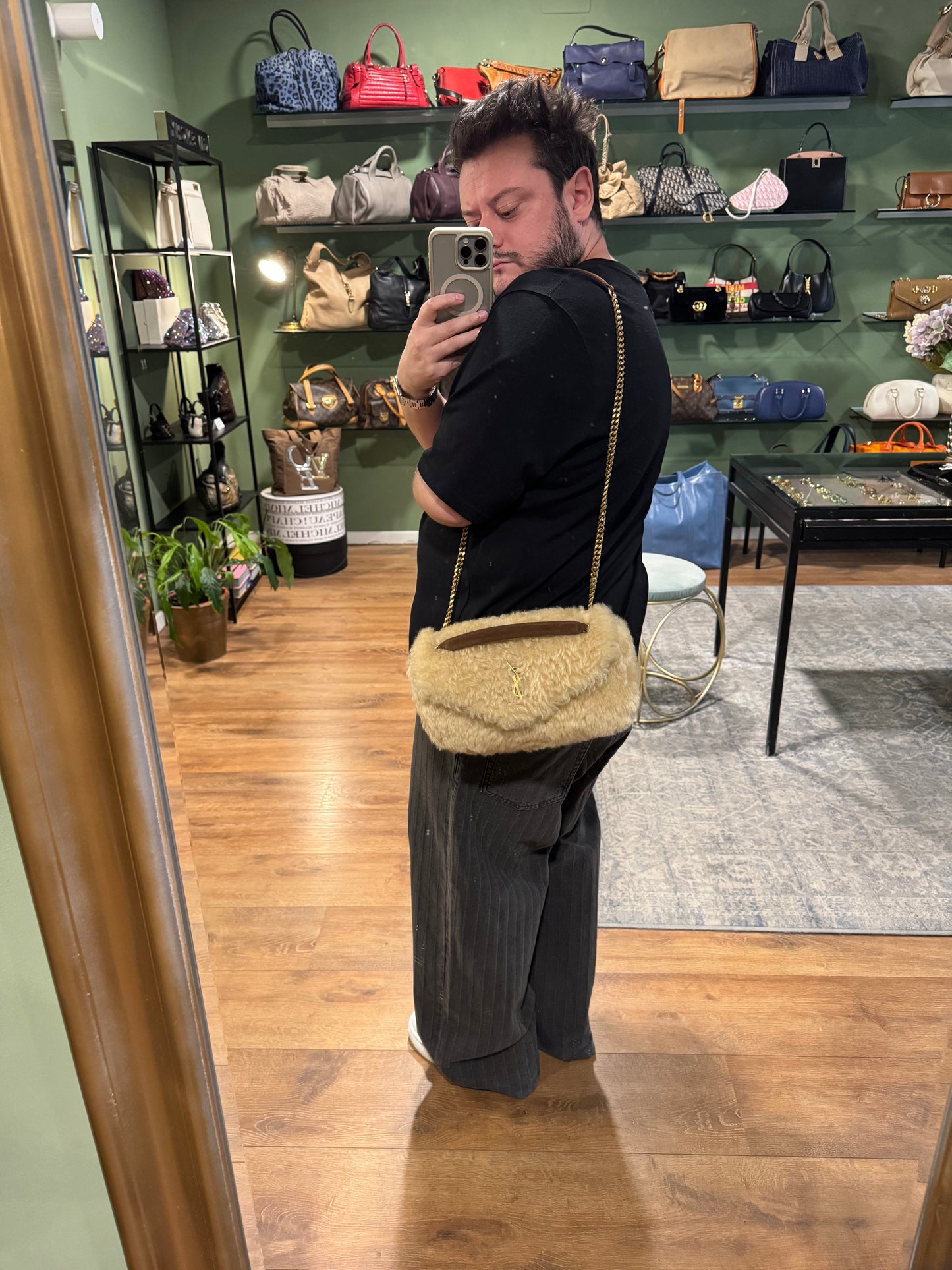 SAINT LAURENT BEIGE SHEARLING CALYPSO SHOULDER BAG