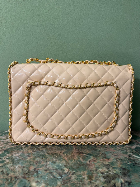 RARE CHANEL CREAM PATENT CHAIN MAXI JUMBO CLASSIC SINGLE FLAP SHOULDER BAG