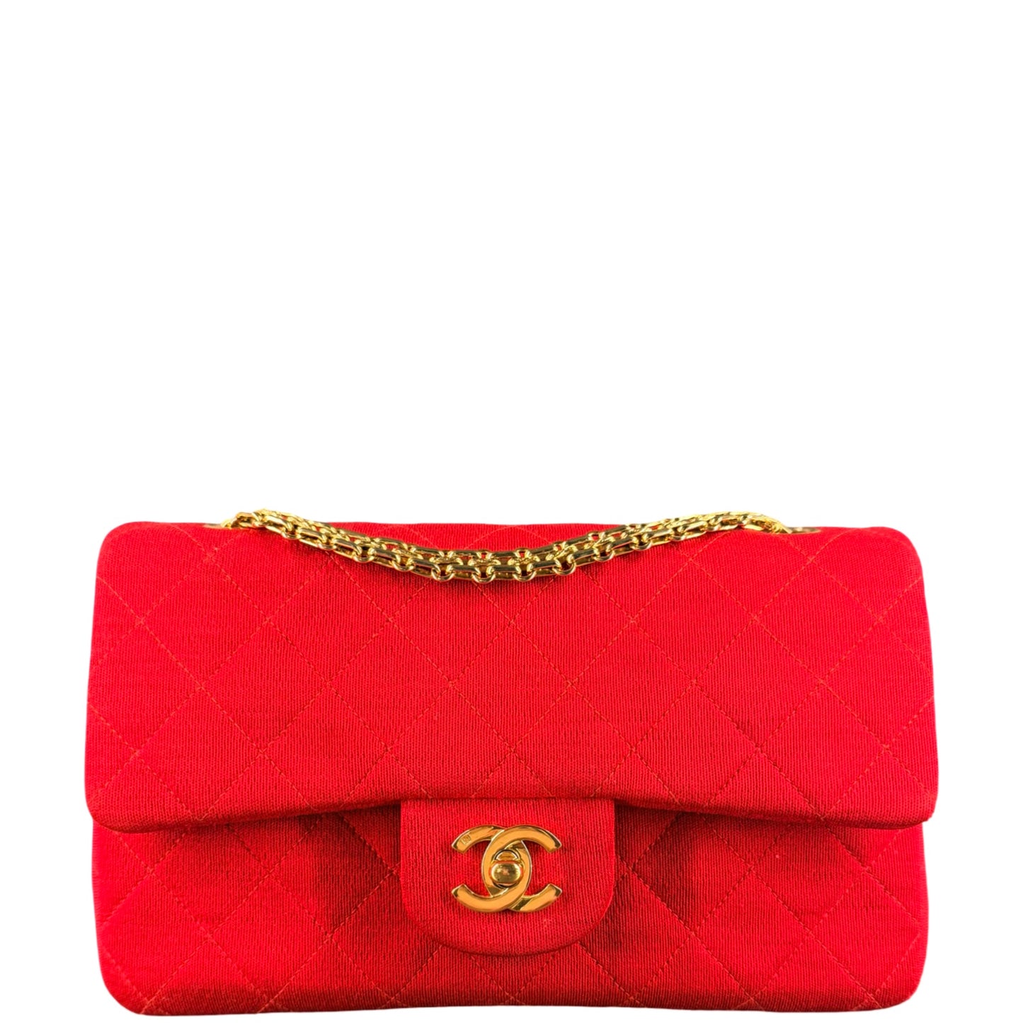 CHANEL SMALL RED JERSEY TIMELESS CLASSIC DOUBLE FLAP SHOULDER BAG