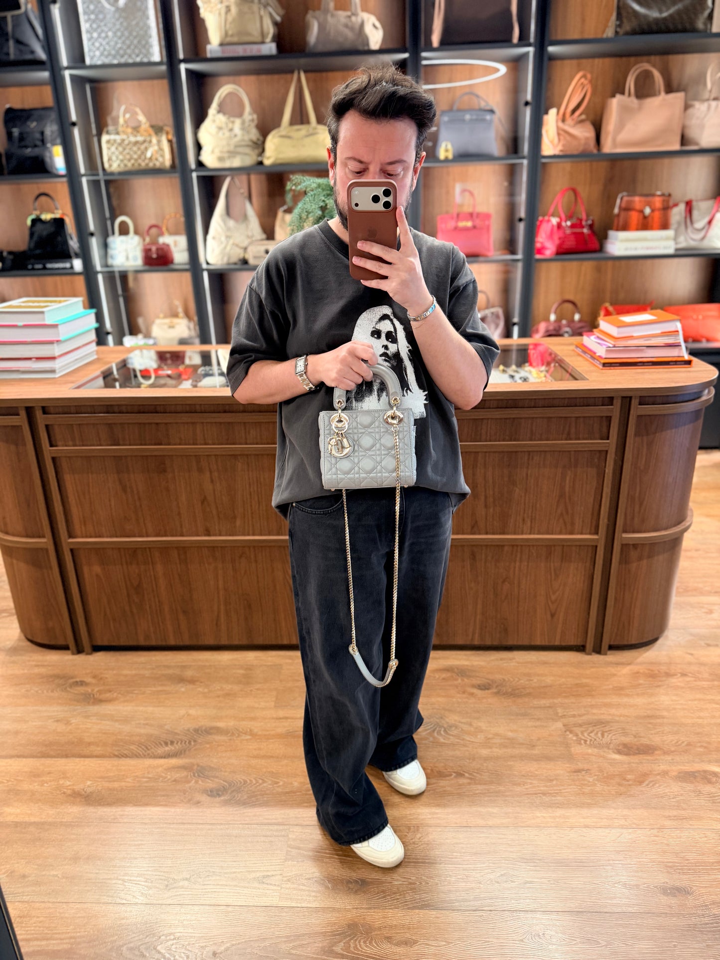 DIOR GRAY MINI LADY DIOR HANDBAG