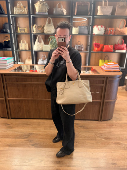 PRADA BEIGE VITELLO DAINO TWO WAY HANDBAG