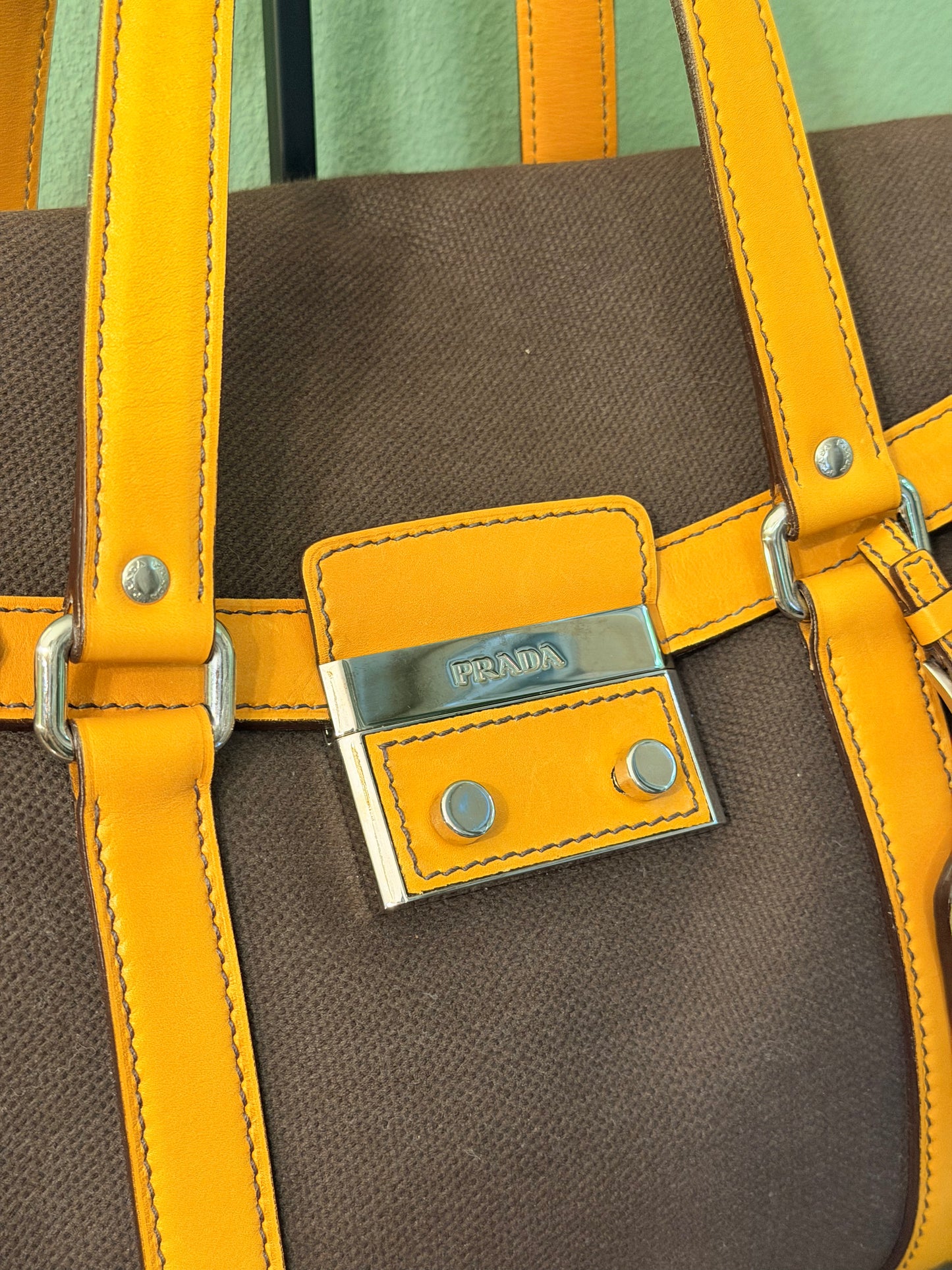 PRADA BROWN BUCKLE LARGE BOSTON SHOULDER BAG