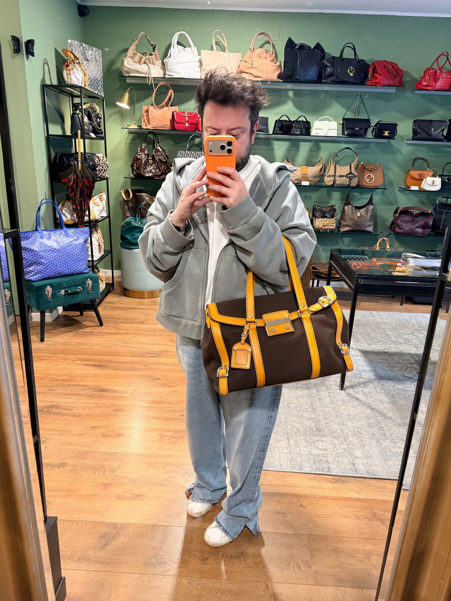 PRADA BROWN BUCKLE LARGE BOSTON SHOULDER BAG