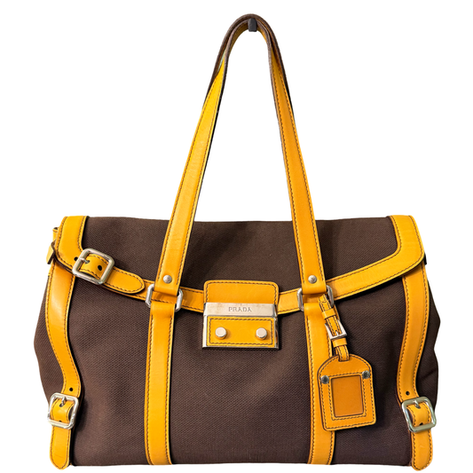 PRADA BROWN BUCKLE LARGE BOSTON SHOULDER BAG