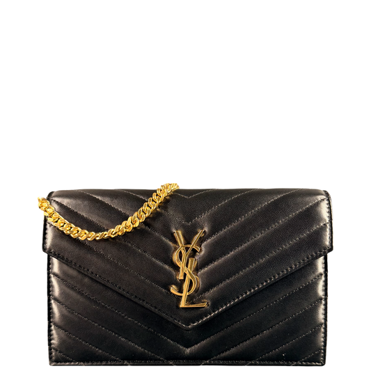 SAINT LAURENT BLACK ENVELOPE CASSANDRE WALLET ON CHAIN