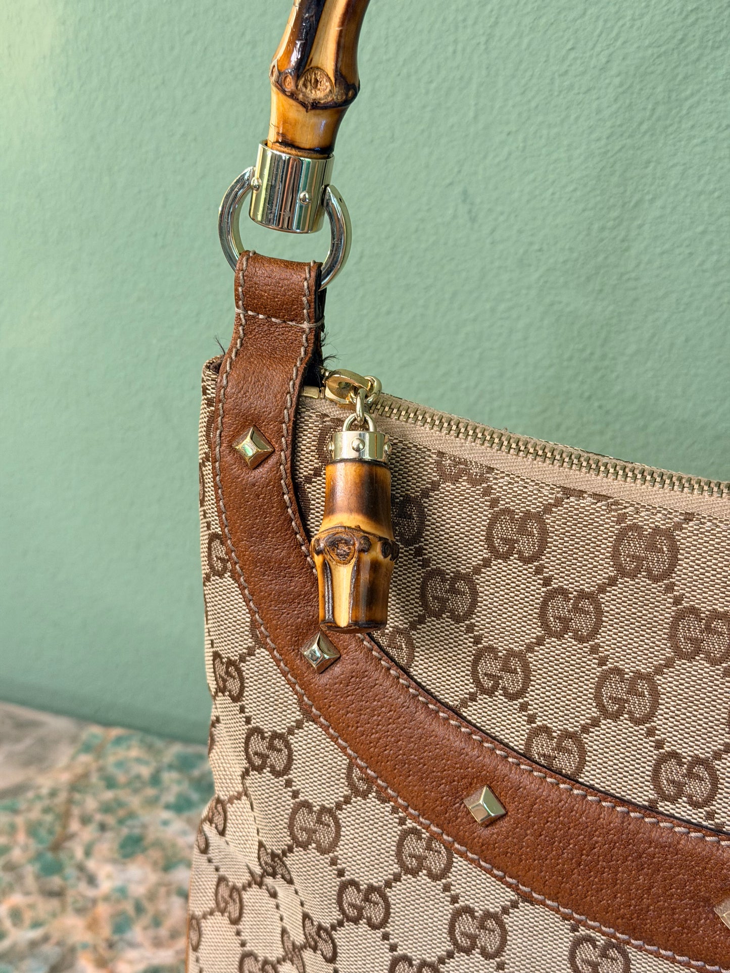GUCCI BROWN MONOGRAM BAMBOO HOBO BAG
