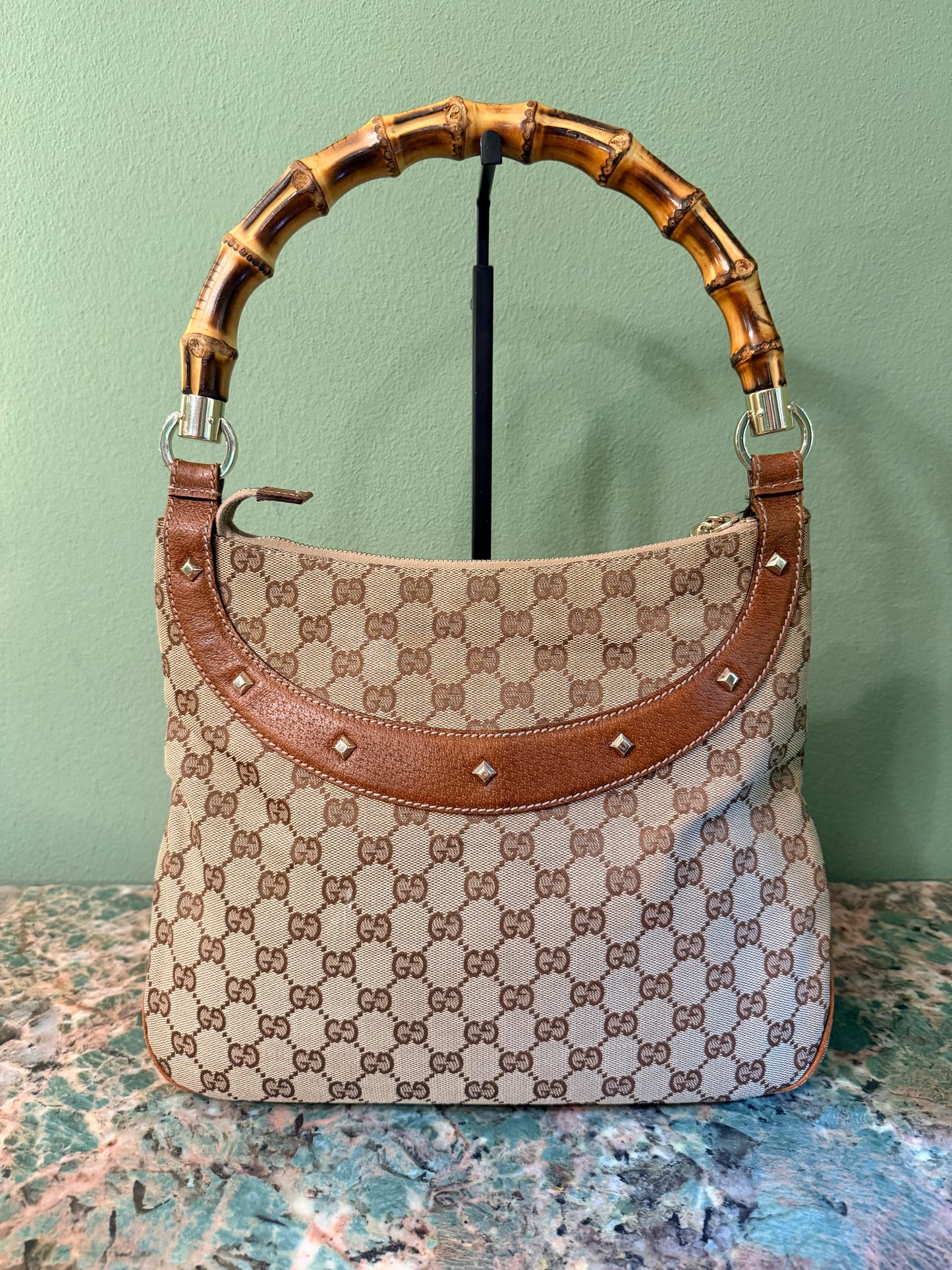 GUCCI BROWN MONOGRAM BAMBOO HOBO BAG