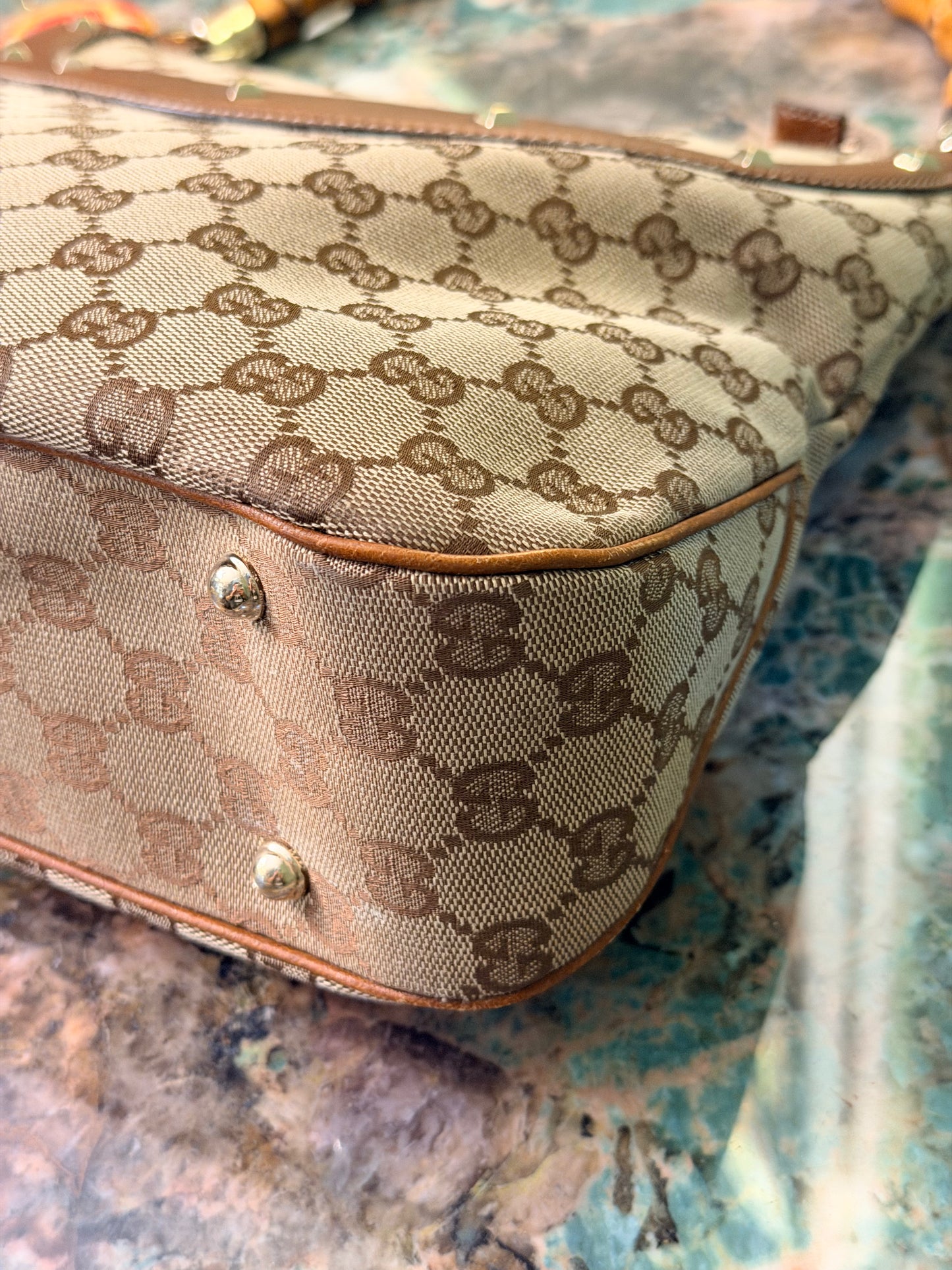 GUCCI BROWN MONOGRAM BAMBOO HOBO BAG