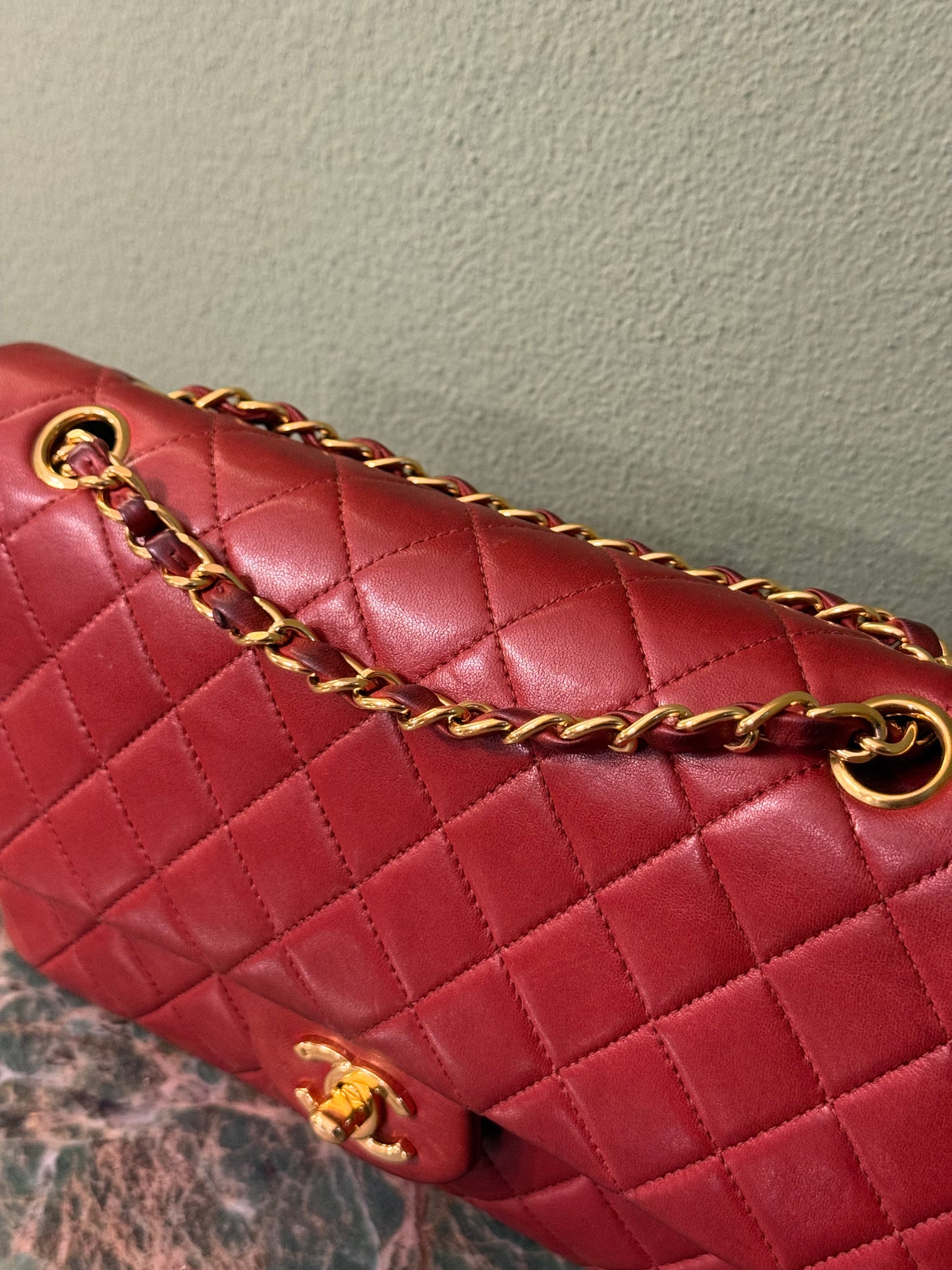 CHANEL RED LAMBSKIN MEDIUM CLASSIC DOUBLE FLAP TIMELESS SHOULDER BAG