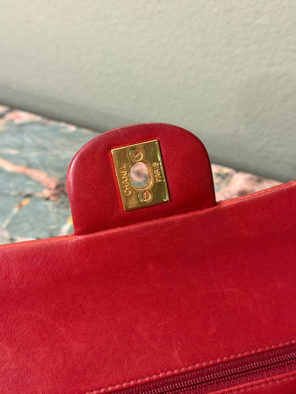 CHANEL RED LAMBSKIN MEDIUM CLASSIC DOUBLE FLAP TIMELESS SHOULDER BAG