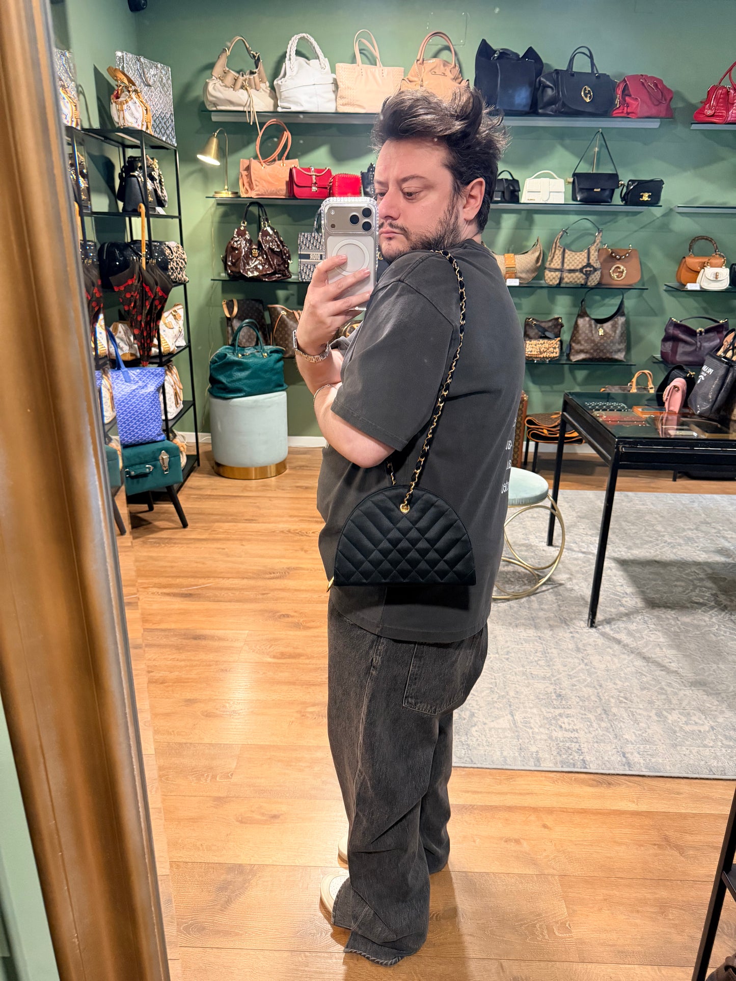 CHANEL BLACK SATIN HALF MOON SHOULDER BAG