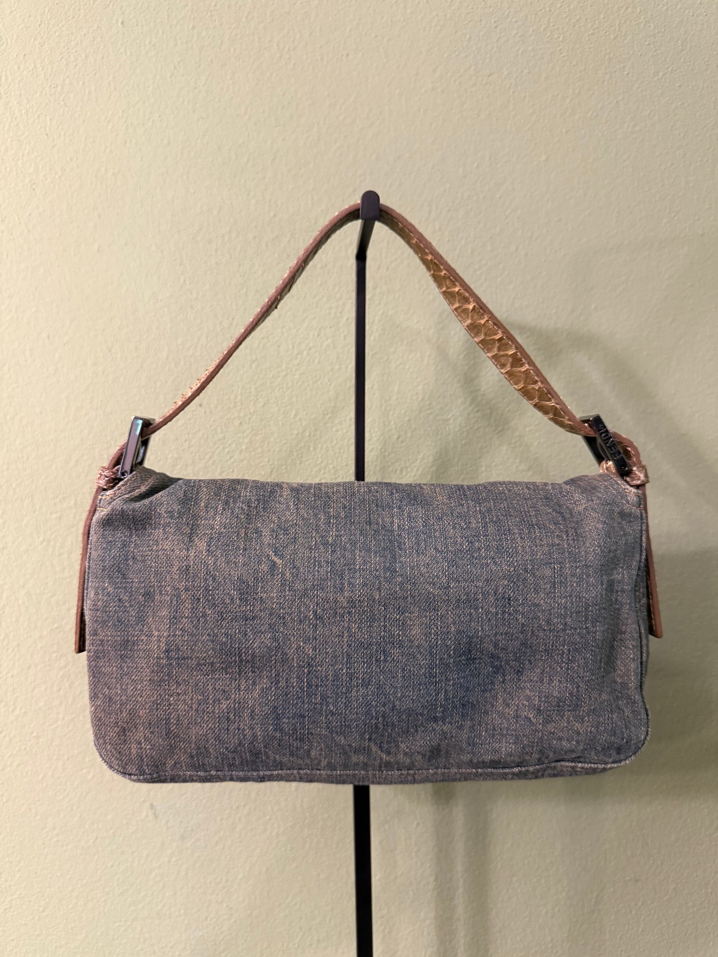 FENDI PYTON DENIM BAGUETTE SHOULDER BAG