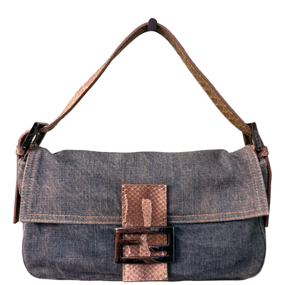FENDI PYTON DENIM BAGUETTE SHOULDER BAG