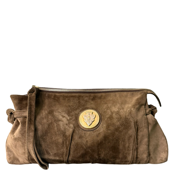 GUCCI BY FRIDA GIANNINI BROWN SUEDE HYSTERIA LARGE POCHETTE