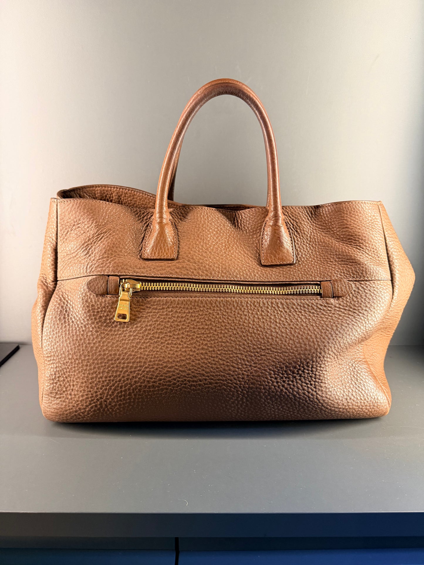PRADA BROWN VITELLO DAINO TWO WAY HANDBAG