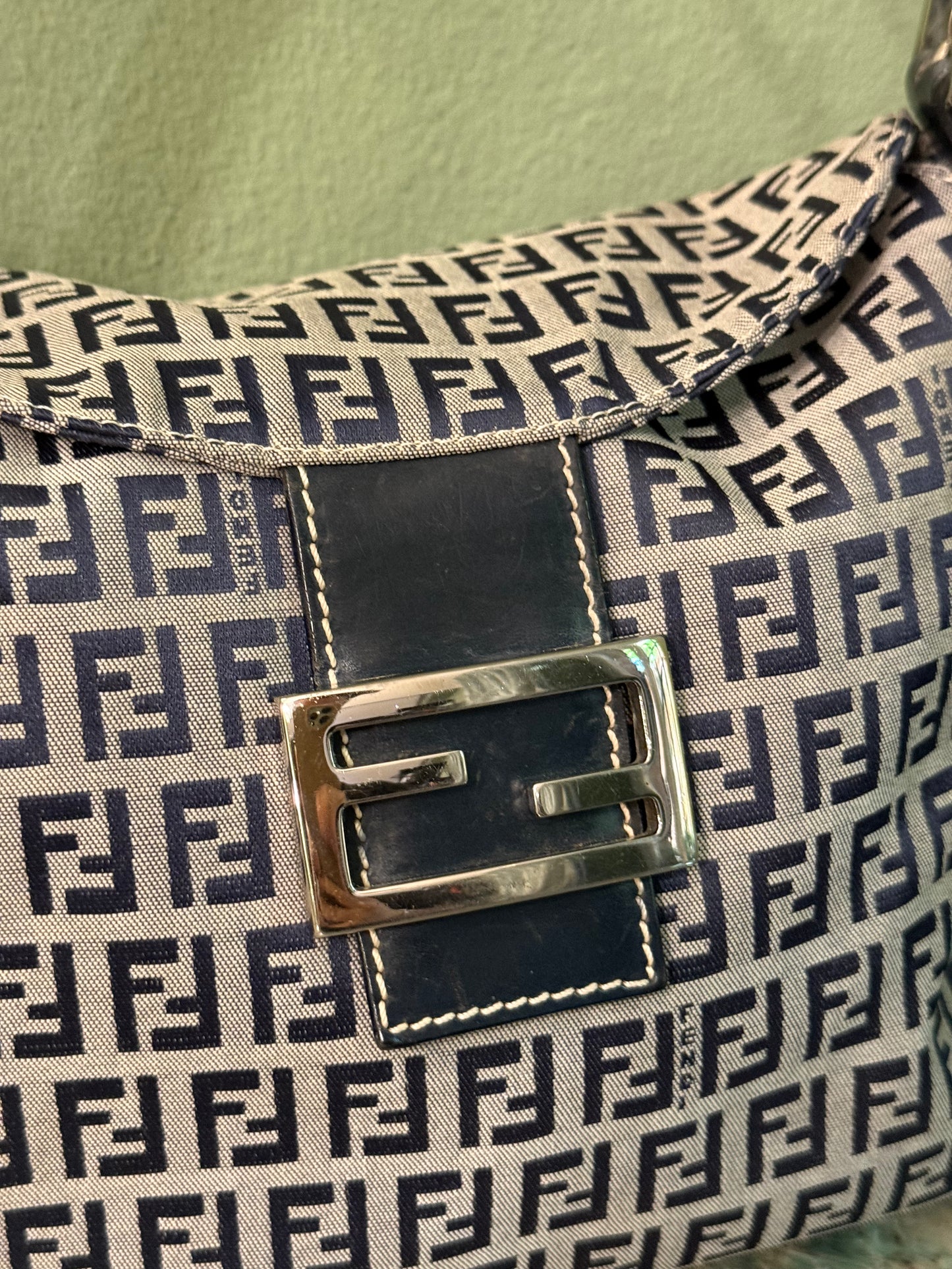 FENDI NAVY ZUCCHINO DOUBLE FLAP SHOULDER BAG