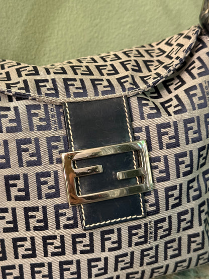 FENDI NAVY ZUCCHINO DOUBLE FLAP SHOULDER BAG