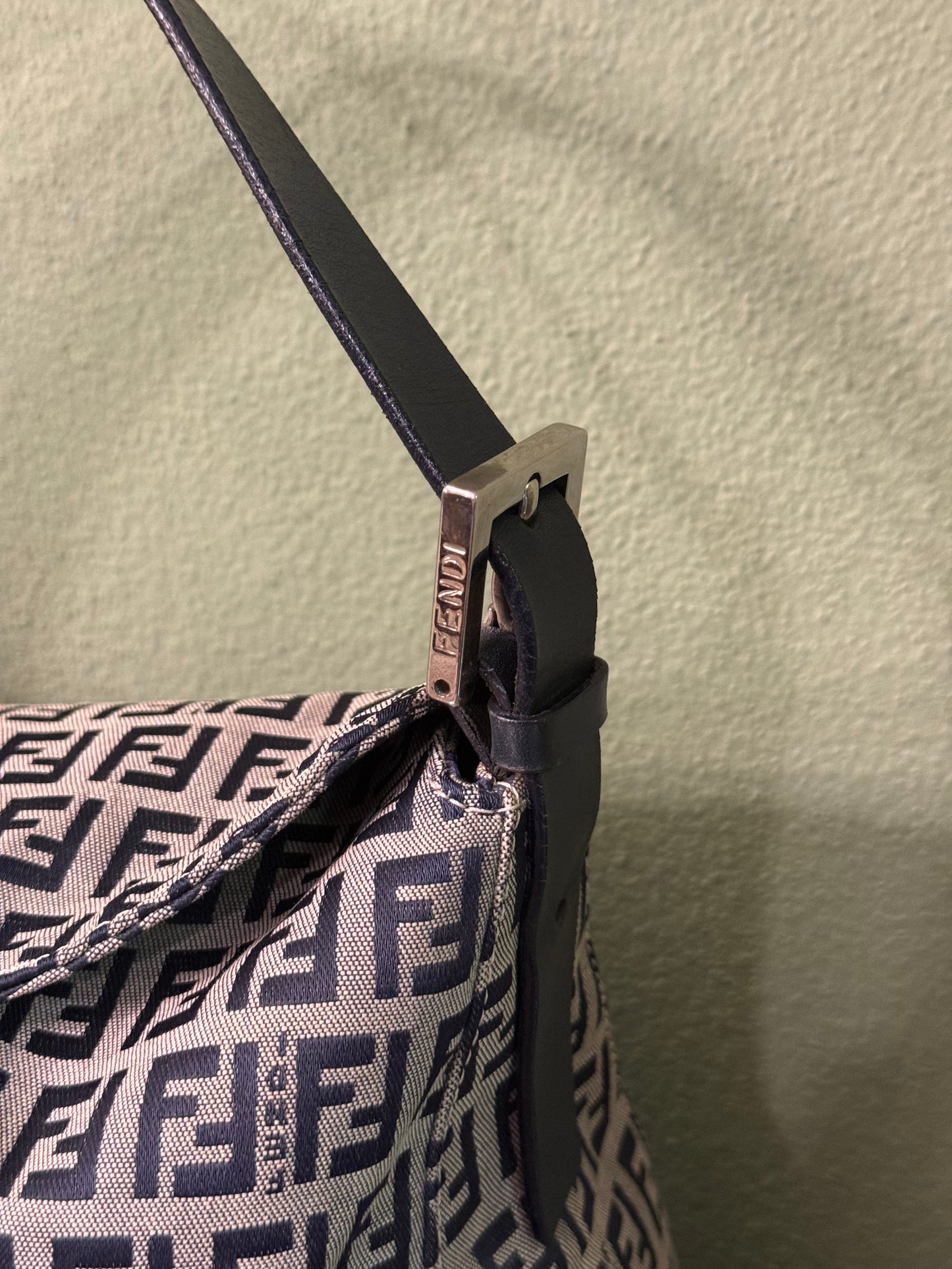 FENDI NAVY ZUCCHINO DOUBLE FLAP SHOULDER BAG