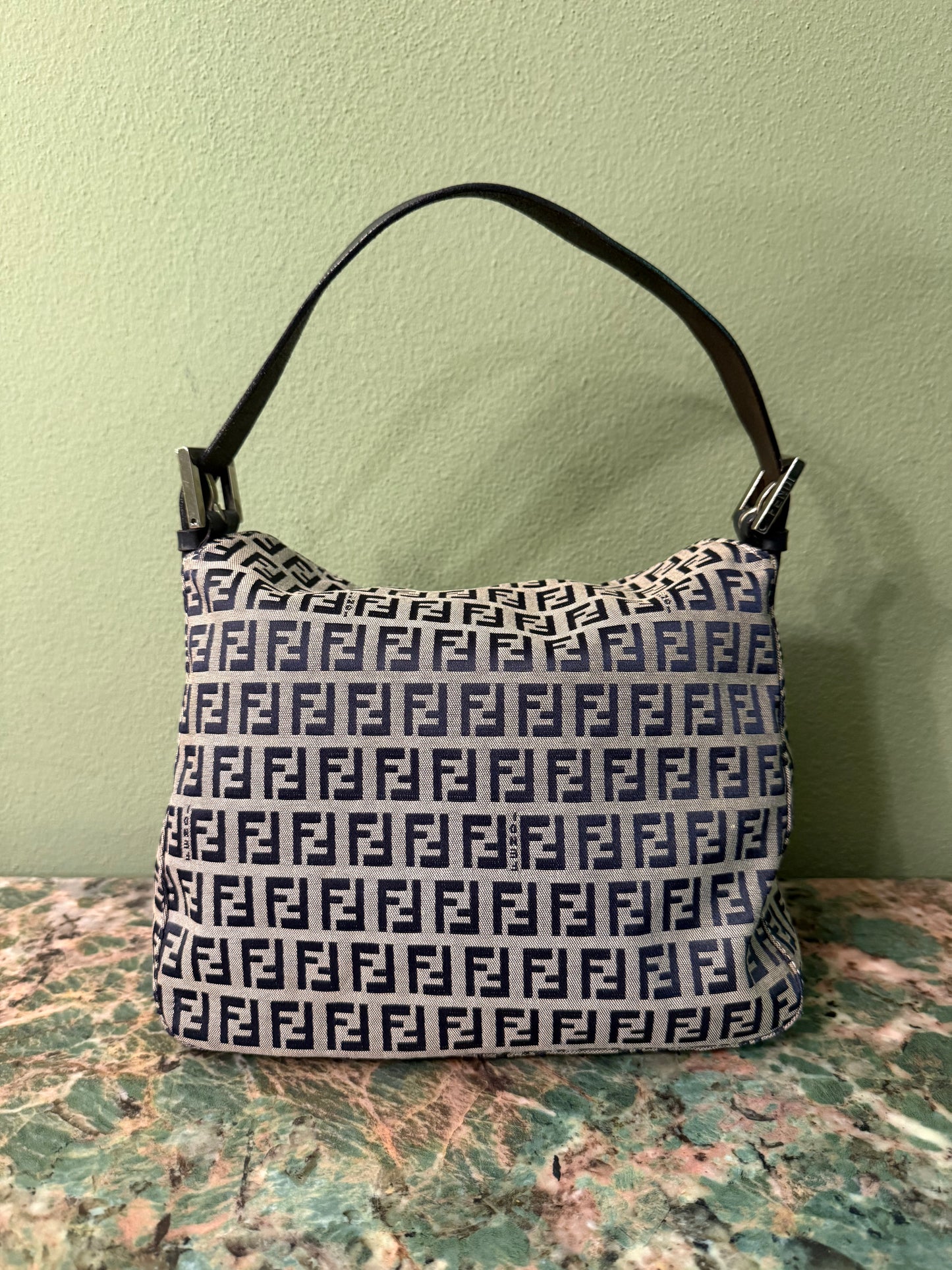 FENDI NAVY ZUCCHINO DOUBLE FLAP SHOULDER BAG