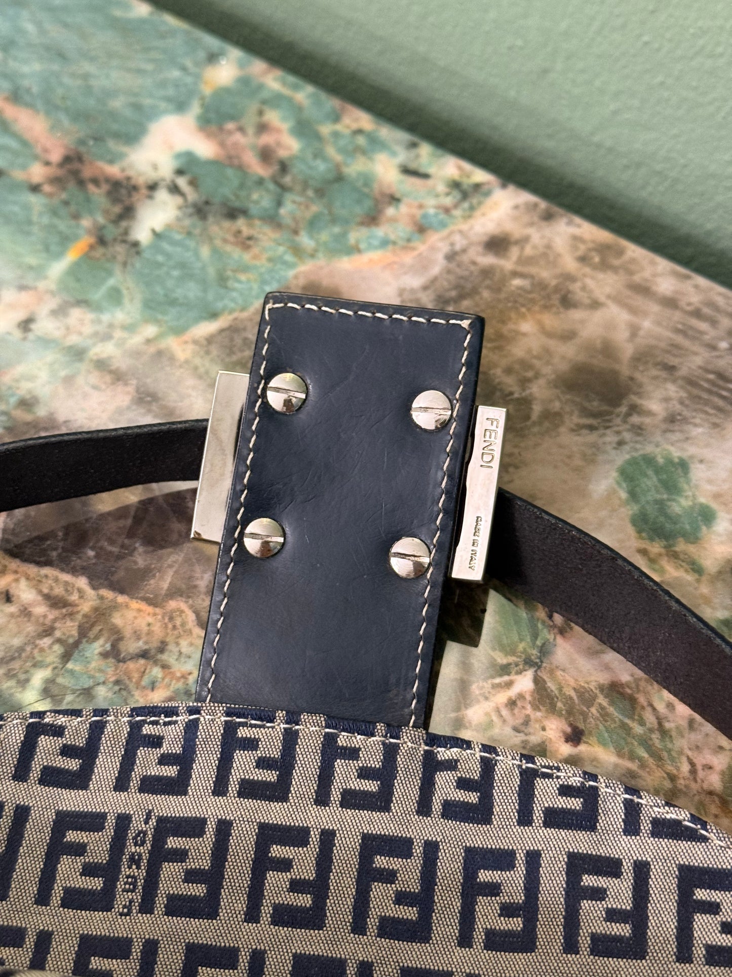 FENDI NAVY ZUCCHINO DOUBLE FLAP SHOULDER BAG