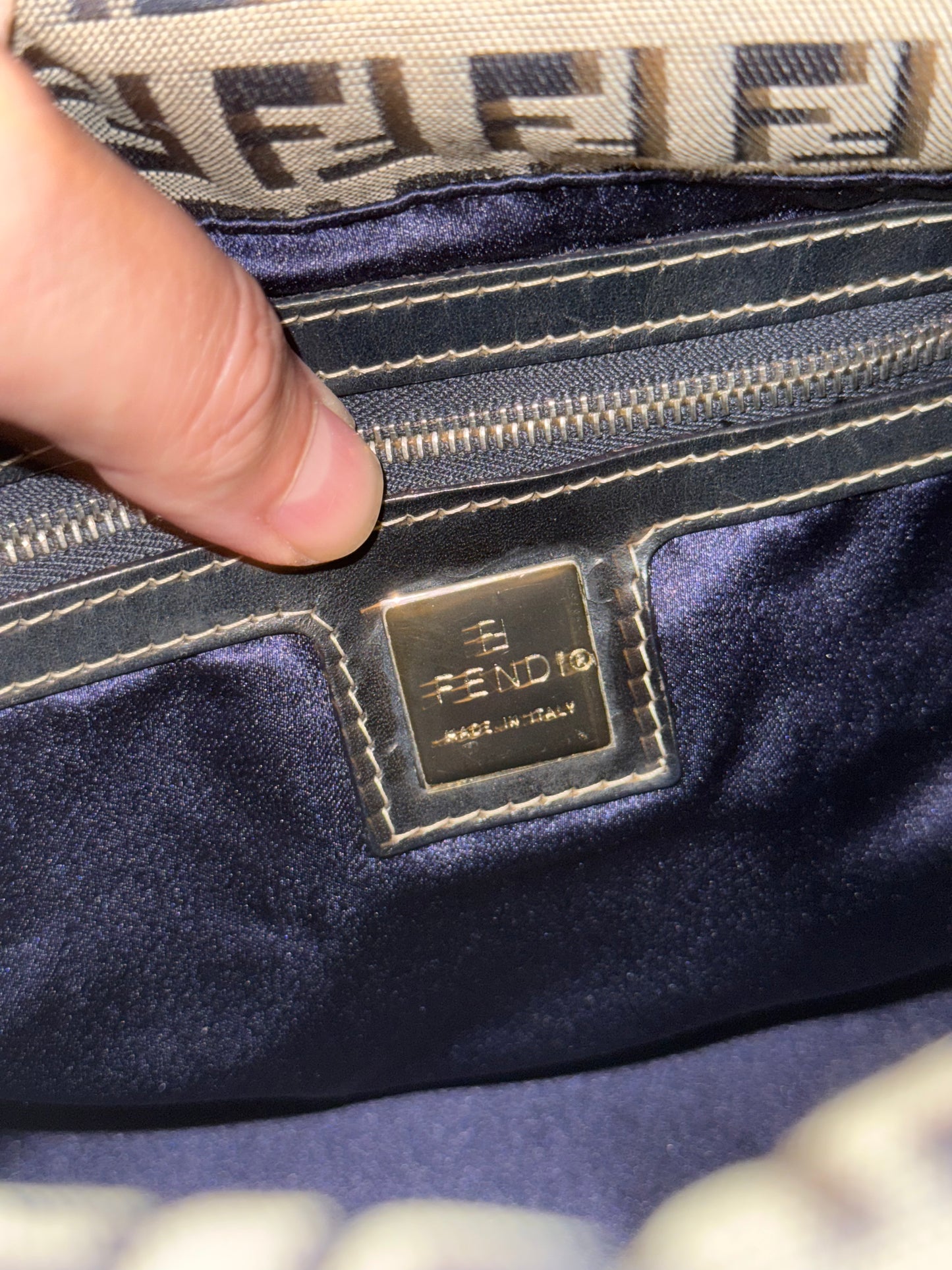 FENDI NAVY ZUCCHINO DOUBLE FLAP SHOULDER BAG