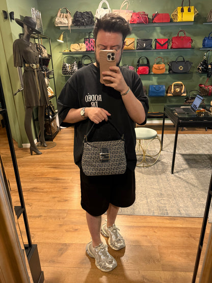 FENDI NAVY ZUCCHINO DOUBLE FLAP SHOULDER BAG