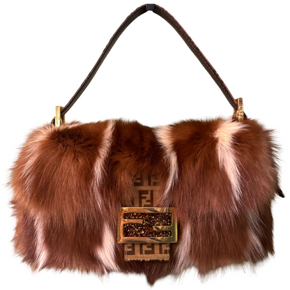 FENDI BROWN SKUNK FUR BAGUETTE SHOULDER BAG