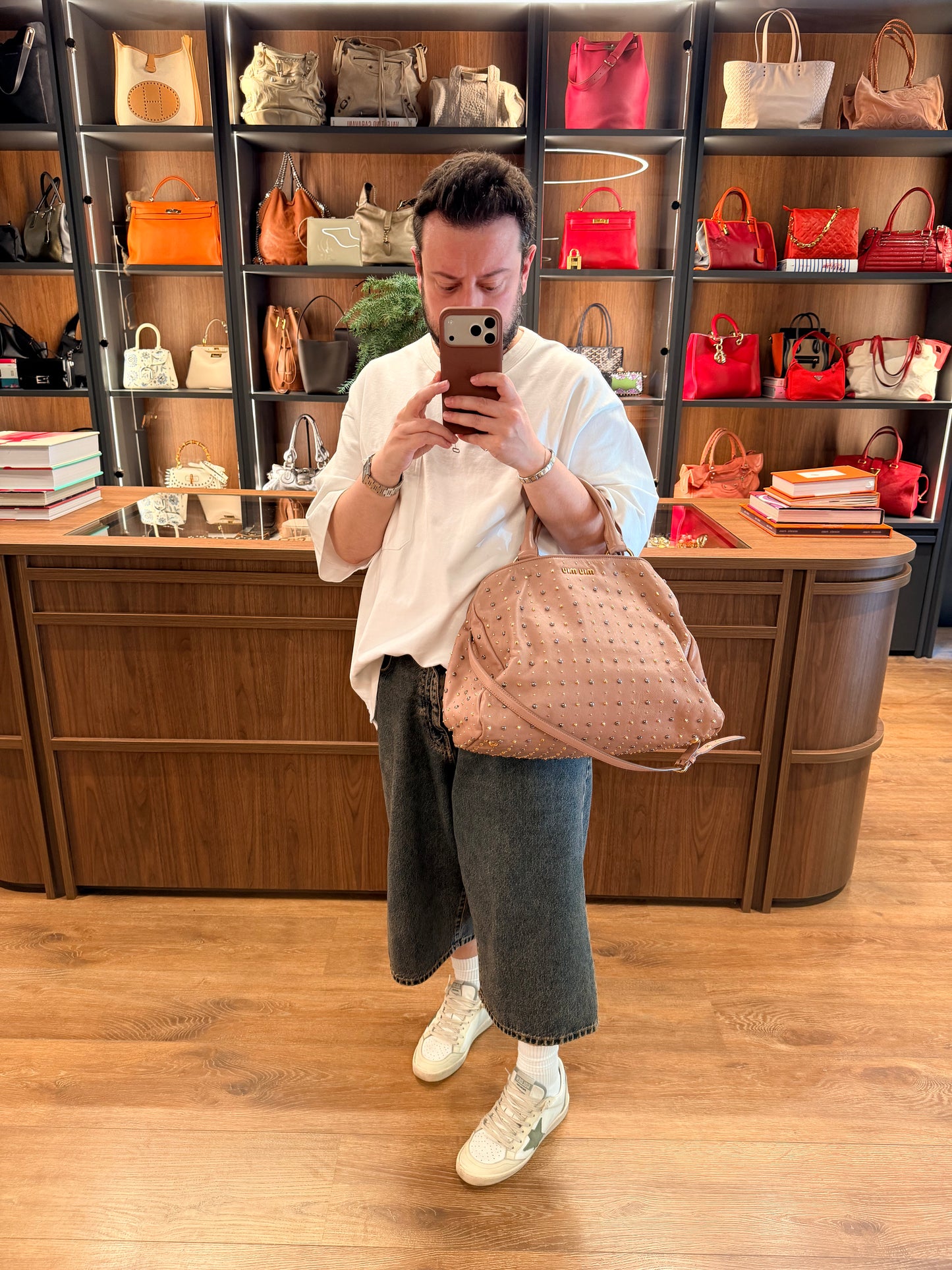 MIU MIU POWDER STUDDED TWO WAY HANDBAG