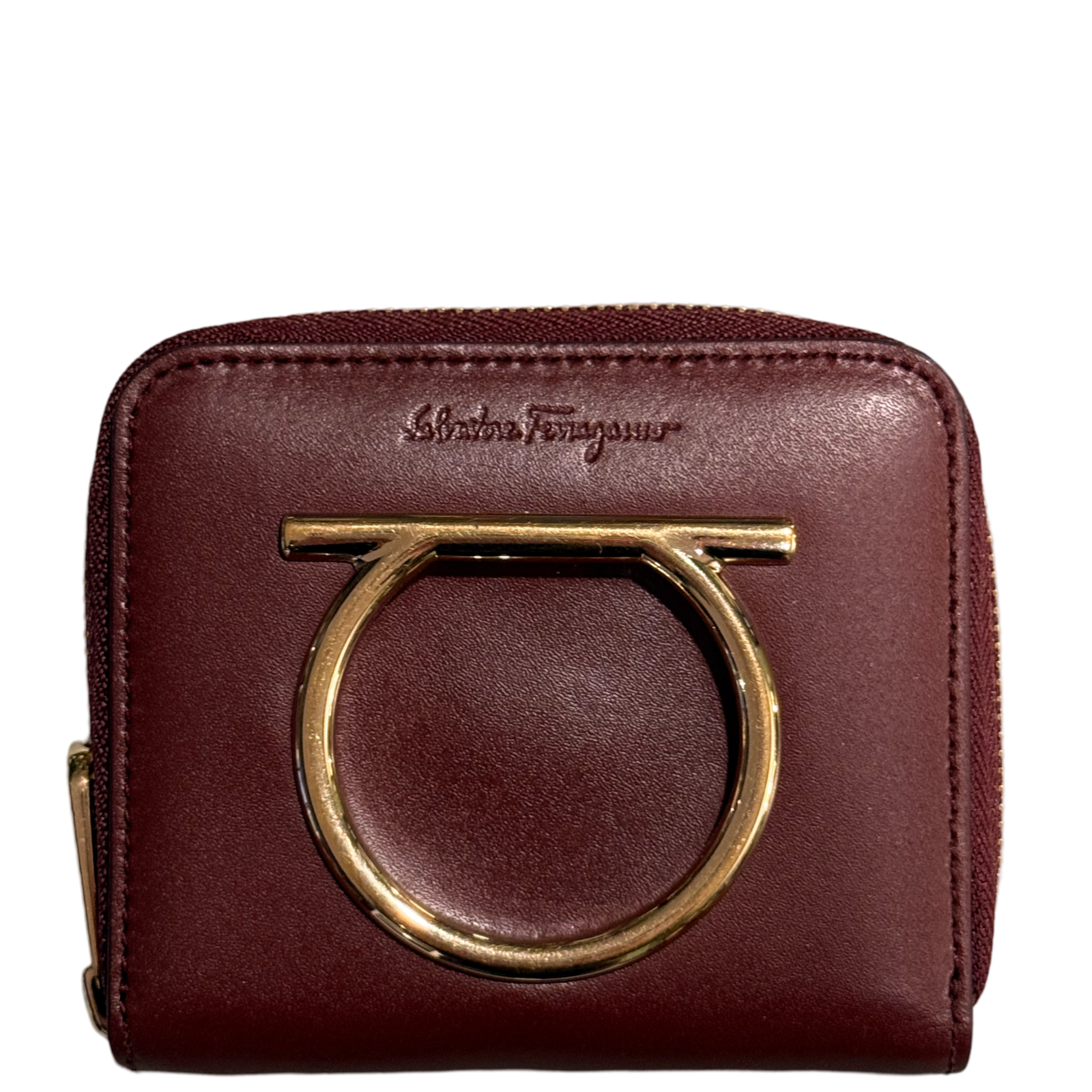 SALVATORE FERRAGAMO BURGUNDY COMPACT ZIPPY WALLET